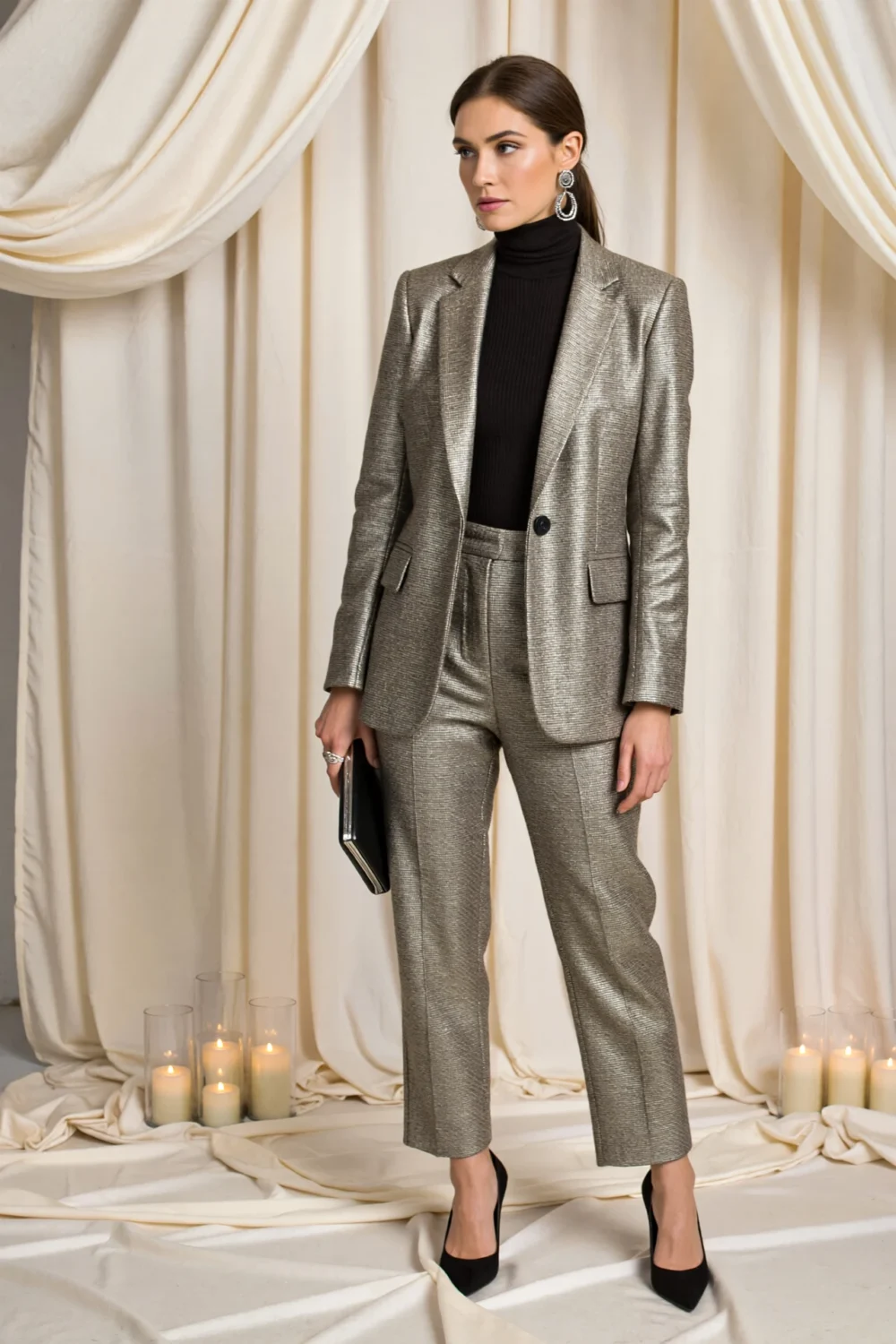 Model in slim metallic silver pantsuit with black turtleneck and heels, elegant wool-blend structure for cold-weather confidence.