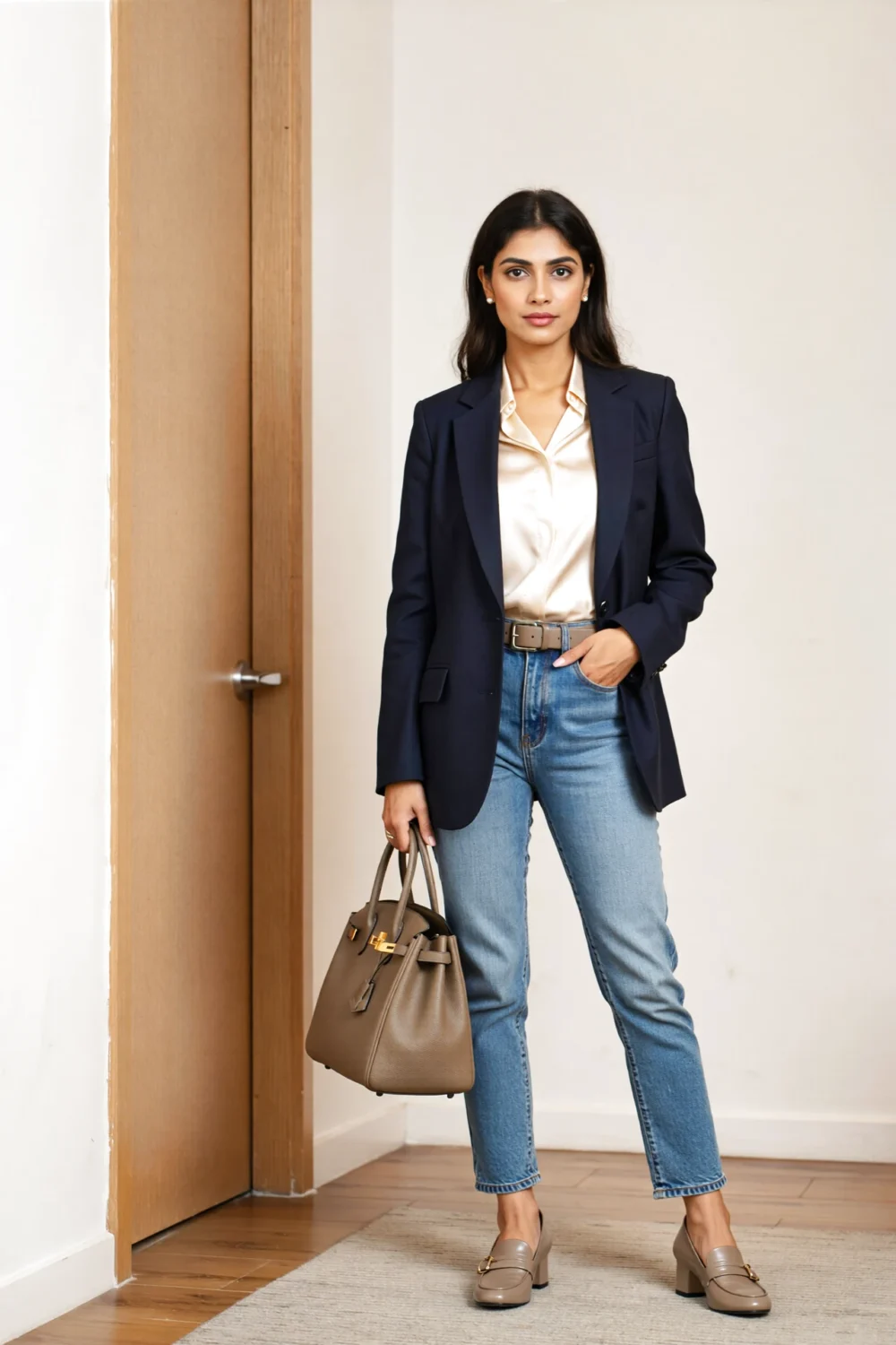Navy blazer and ivory silk blouse with slim-straight light-blue ankle jeans, taupe belt, structured tote and low-heel loafers
