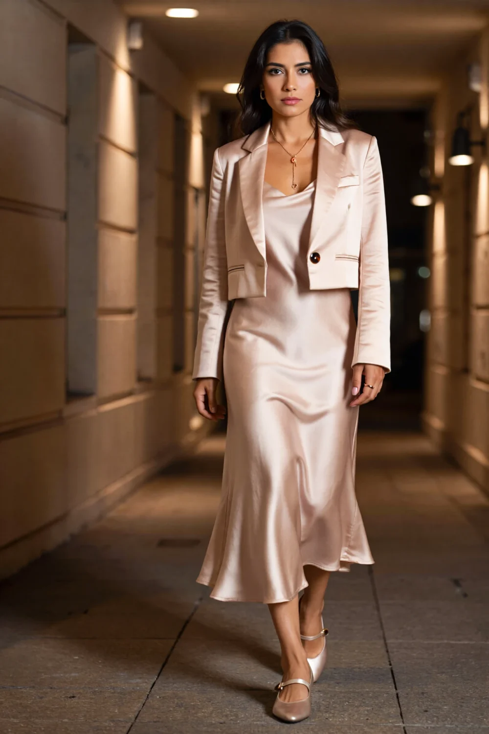 Woman in a satin slip dress and cropped soft blazer, styled with a delicate necklace and slingback heels for chic evening glamour.