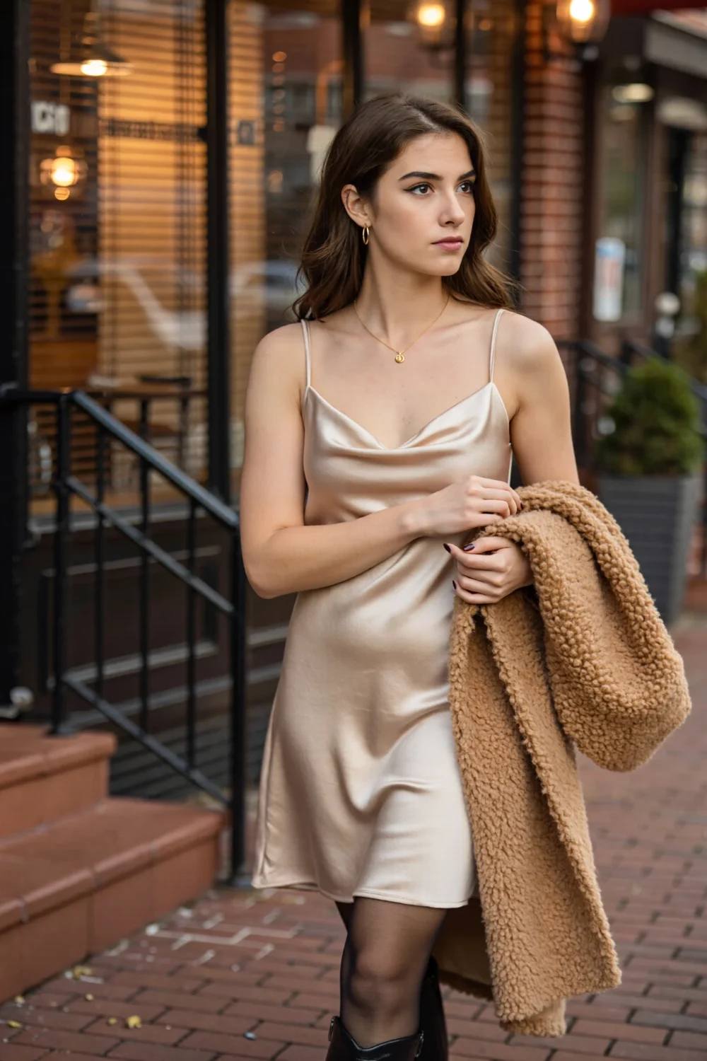 Woman in a satin slip dress layered with a plush fuzzy cardigan, wearing opaque tights and ankle boots for a cozy layered look