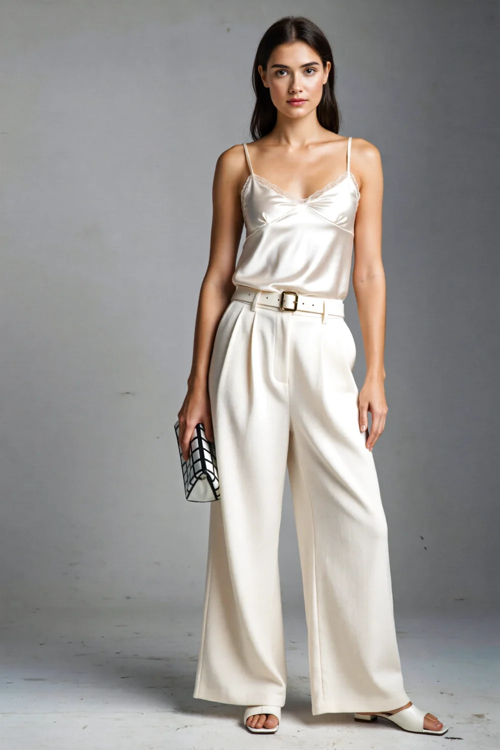 Satin slip mini layered over high-waisted wide-leg trousers, styled with a slim belt, minimalist mules, and a sleek clutch.
