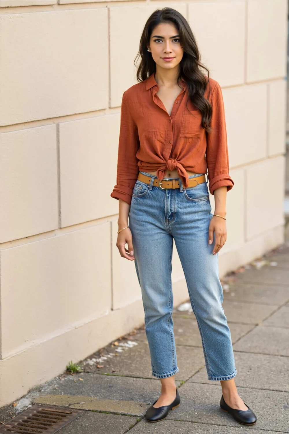 Rust orange half-tucked shirt with rolled cuffs, light-wash straight-leg jeans, camel belt, and black ballet flats for smart casual polish
