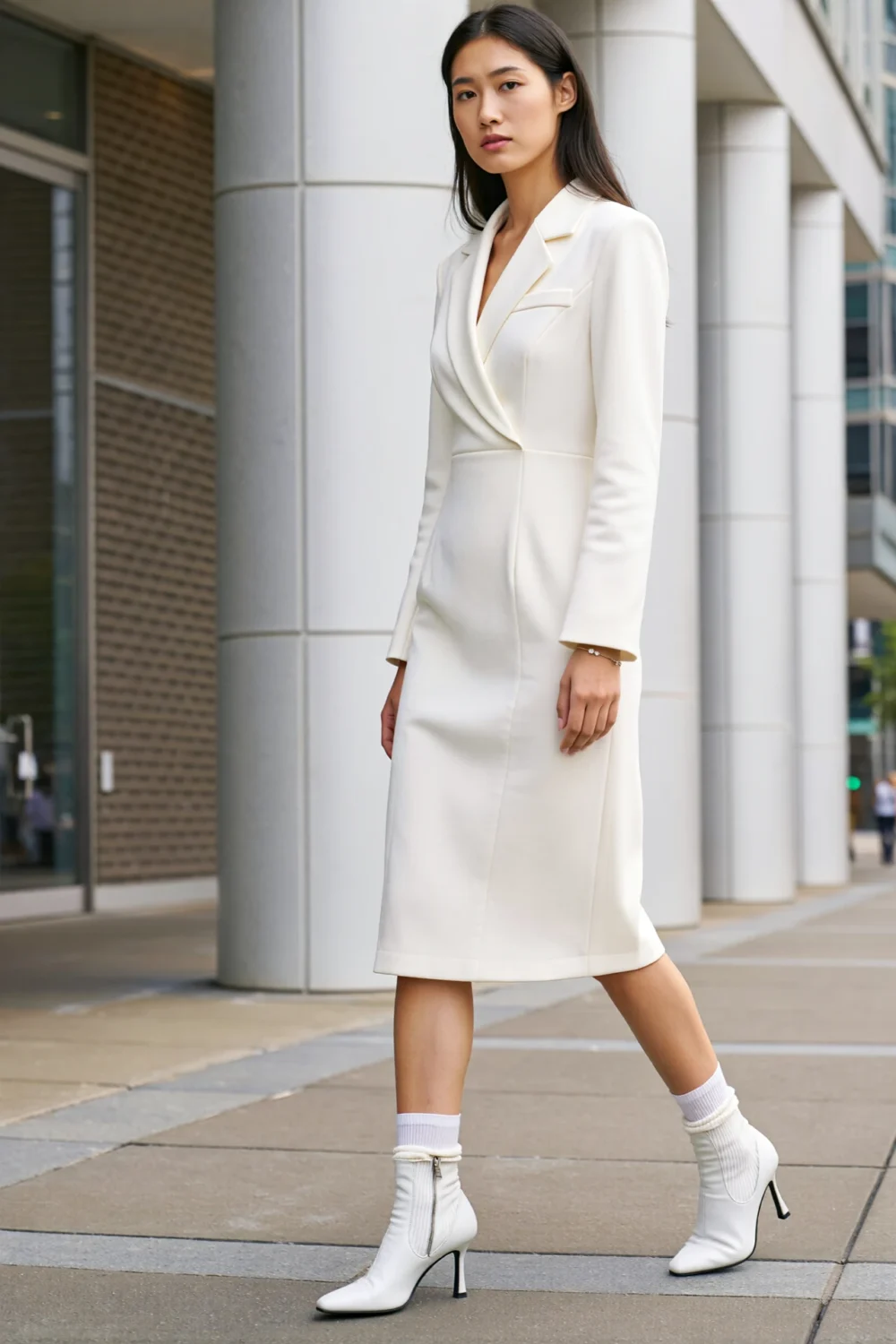 Sleek white midi dress with sock-boot heels creating a long, minimalist city-ready line, architectural and modern on the sidewalk