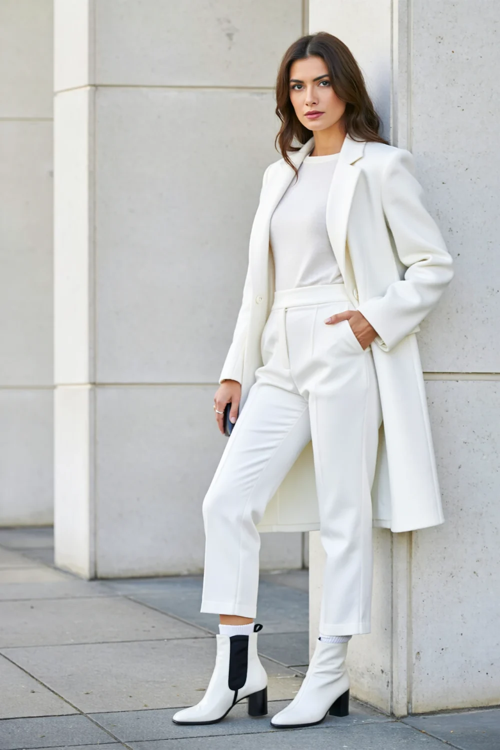 Sleek white trousers with sock boots create a modern column, paired with a tailored coat for a streamlined, architectural look.