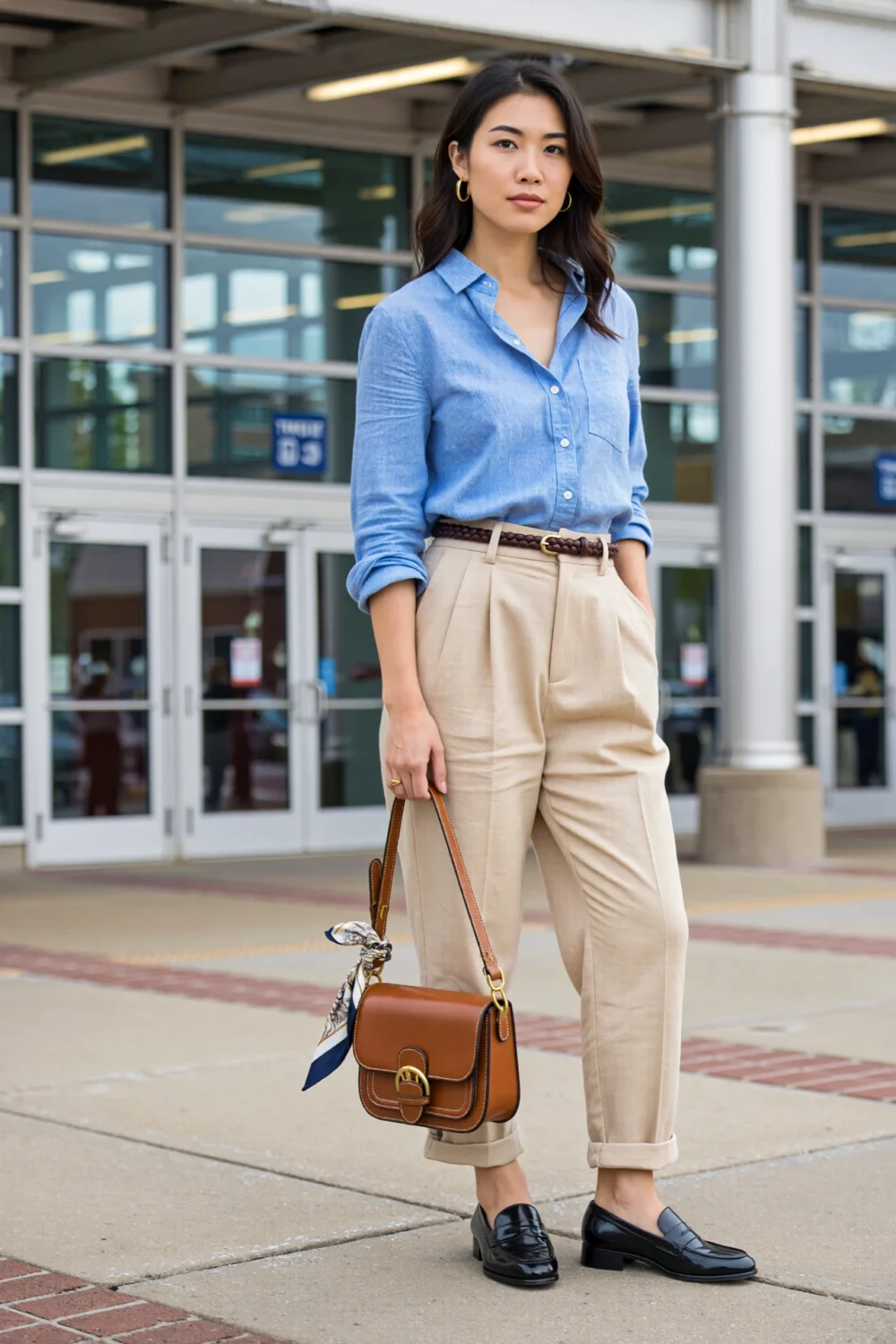 Woman in a sky-blue oxford with sand chinos, black penny loafers, caramel crossbody bag, and scarf detail for polished classic style