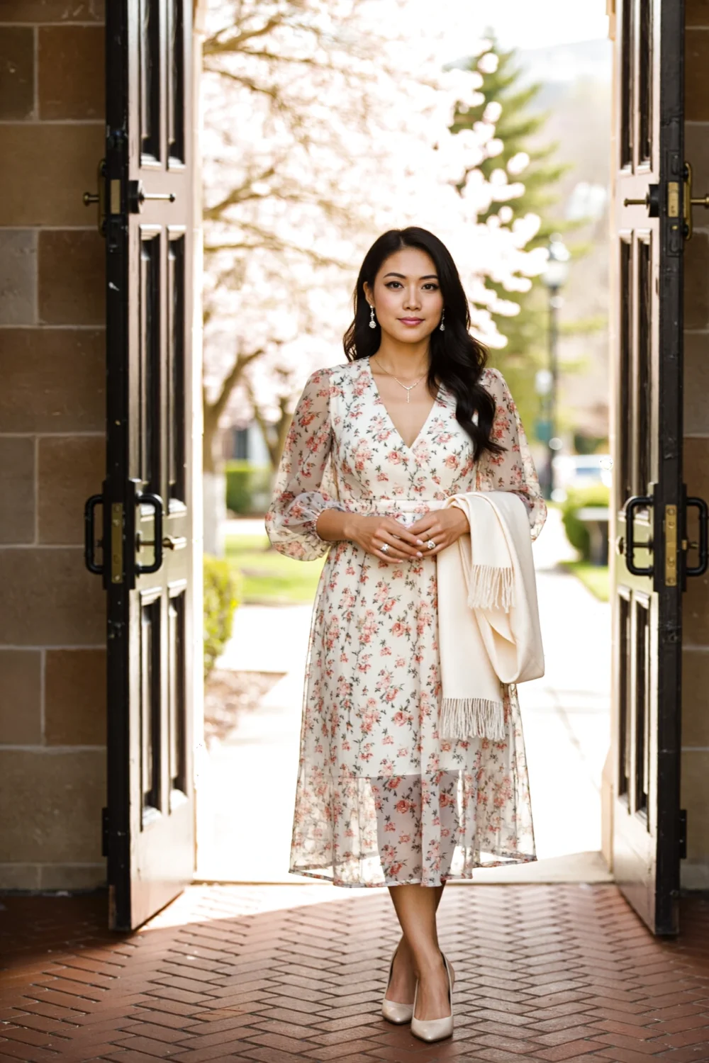 Woman wearing floral chiffon midi with billowed sleeves, jewelry and low heels, holding a cream pashmina at a sunlit doorway.