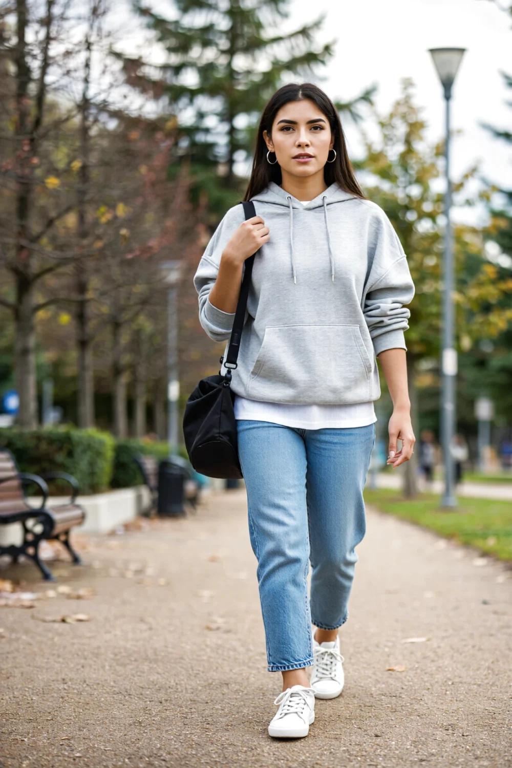 Woman walking in oversized heather-gray hoodie, half-tuck white tee, light-wash straight jeans, white sneakers and black crossbody