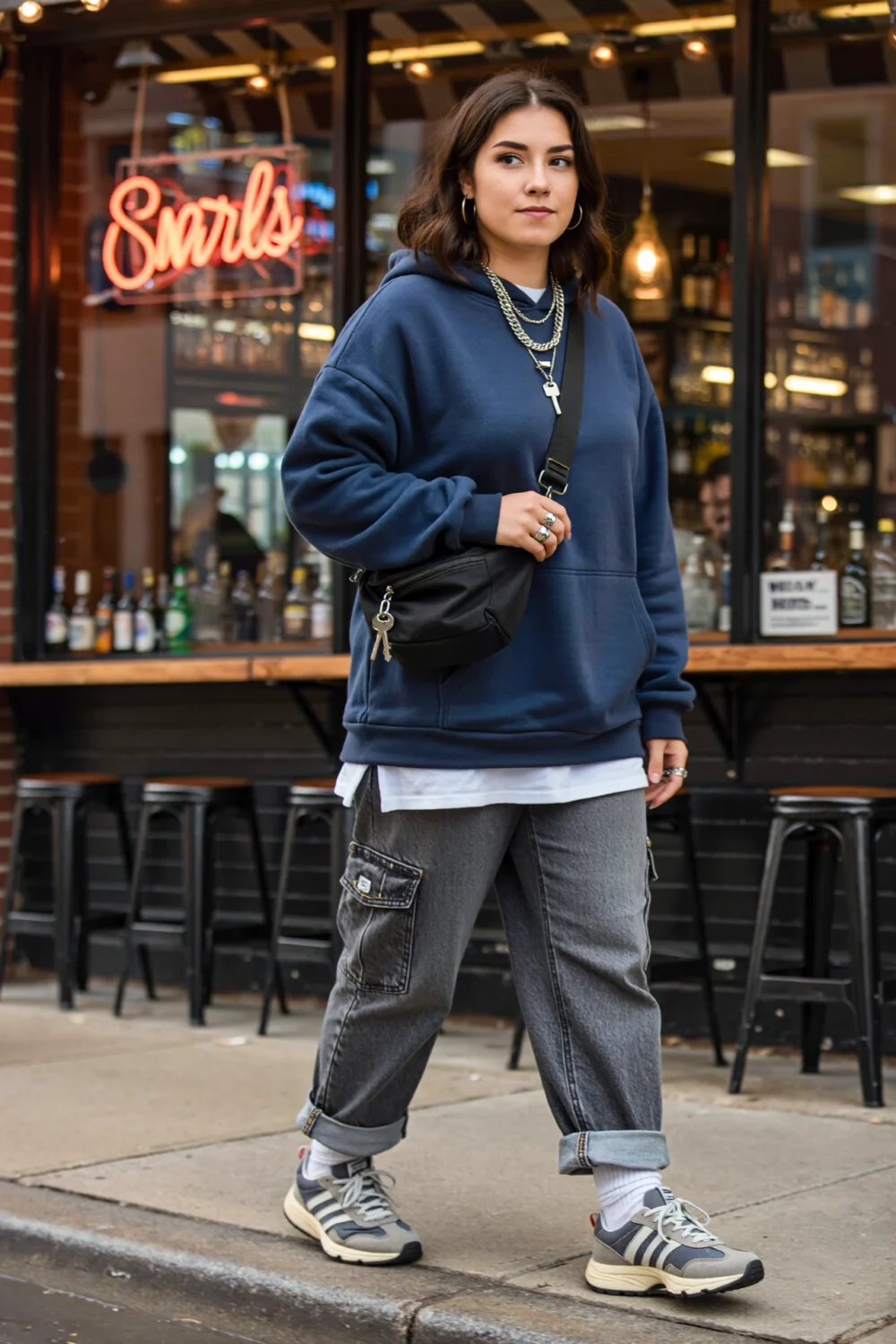 Soft grunge slouch: oversized navy hoodie, white tee, charcoal carpenter jeans, retro sneakers, crossbody, stacked silver chains