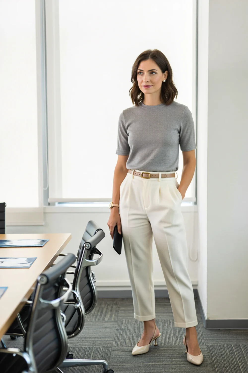 Dove-gray knit tee with ivory cigarette trousers and sand belt, styled with slingback kitten heels for a crisp office-ready look.
