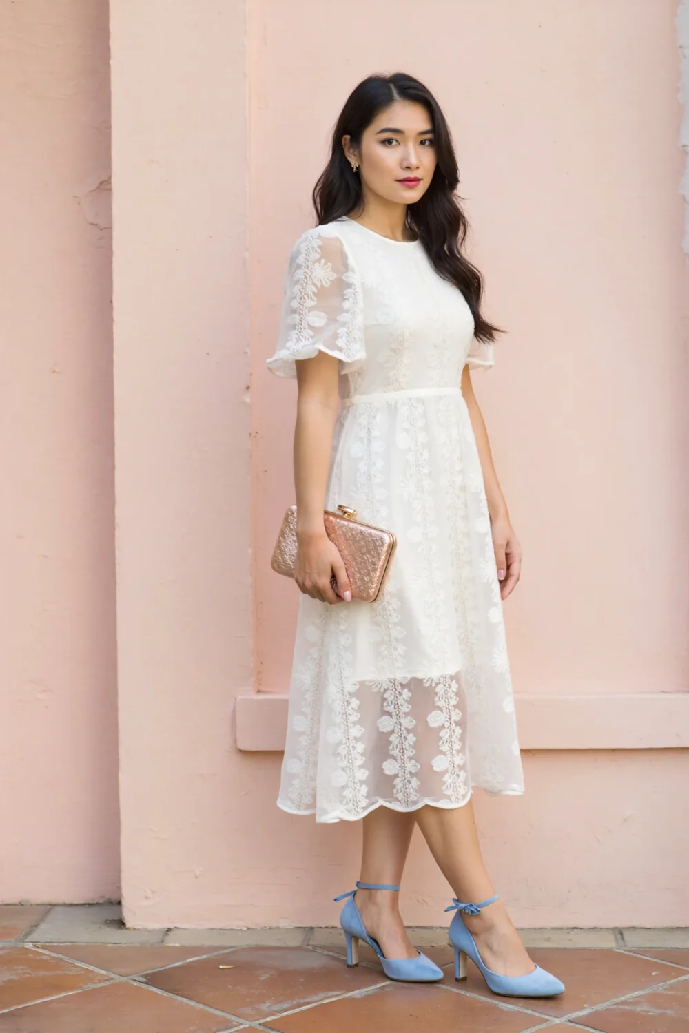 Woman in white lace dress with soft powder blue heels and rose-gold clutch, styled for a romantic pastel look