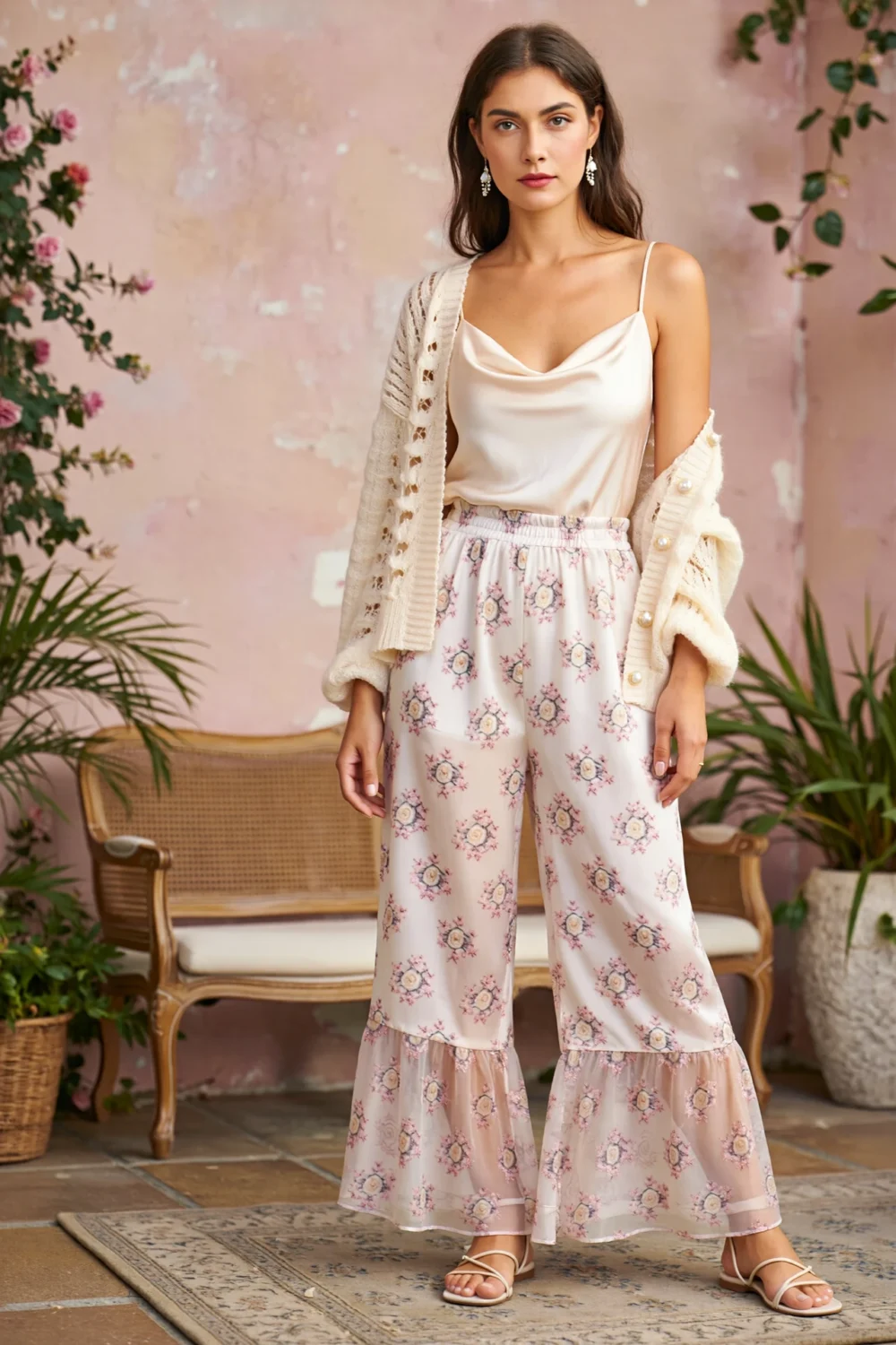 Soft romantic floral palazzo pants with silk cami and creamy cardigan, styled in pastel tones for a dreamy dressed-up look