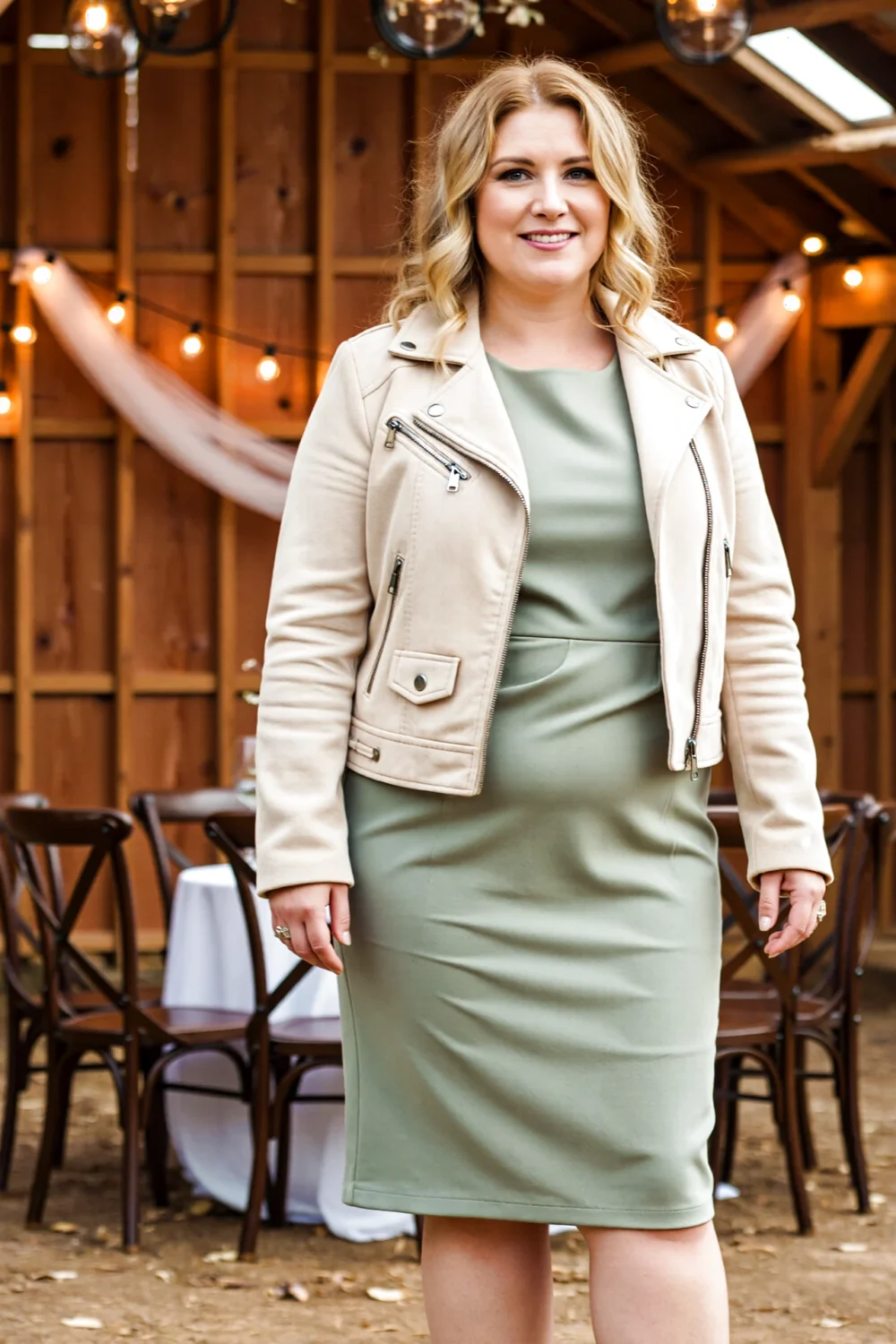 Woman wearing a cream soft suede moto jacket over a sage green slip dress at a rustic outdoor barn wedding with string lights