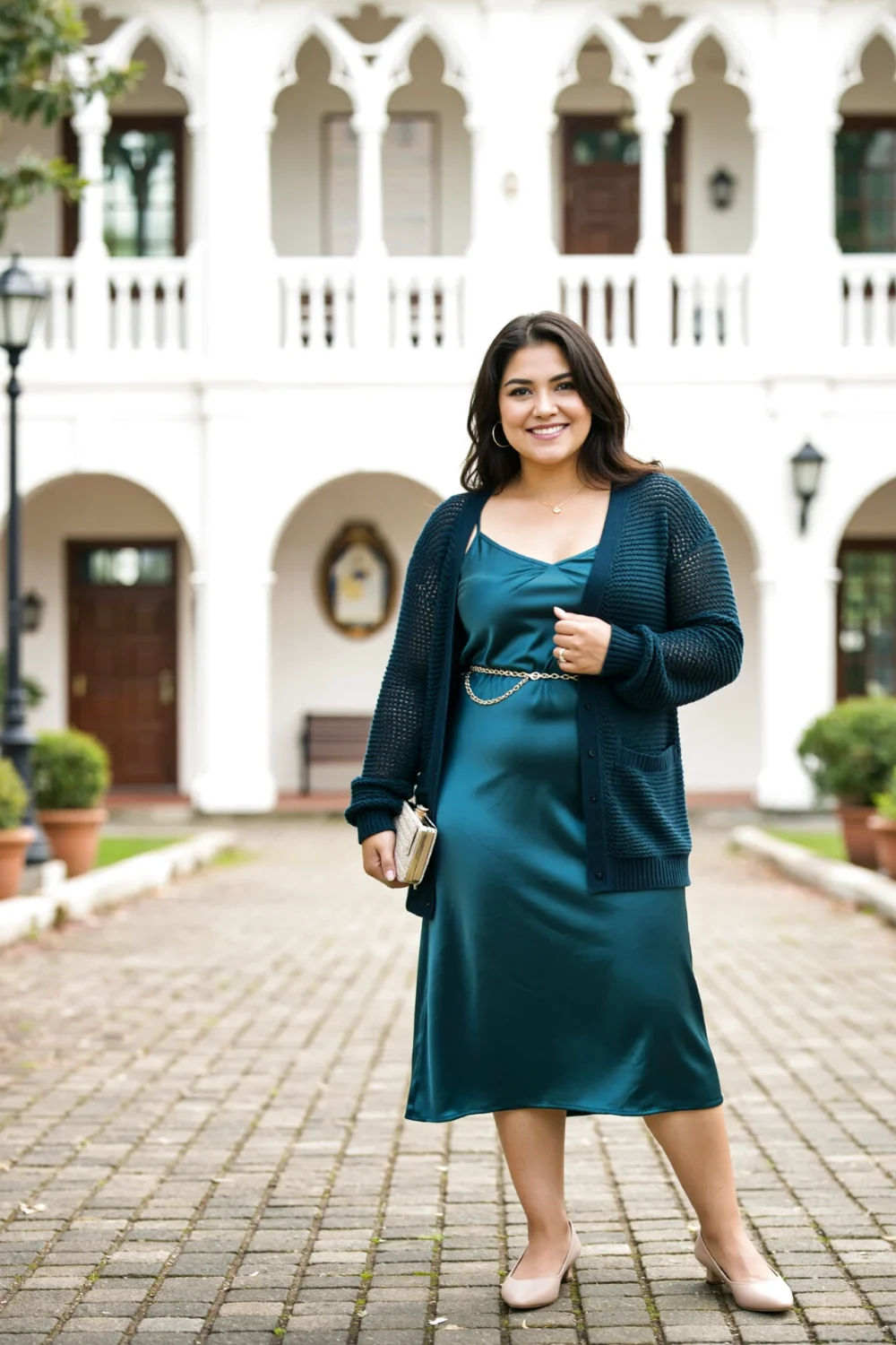 A woman in teal satin slip dress with soft knit cardigan delicate chain belt and nude low heels, clutch outside white church.