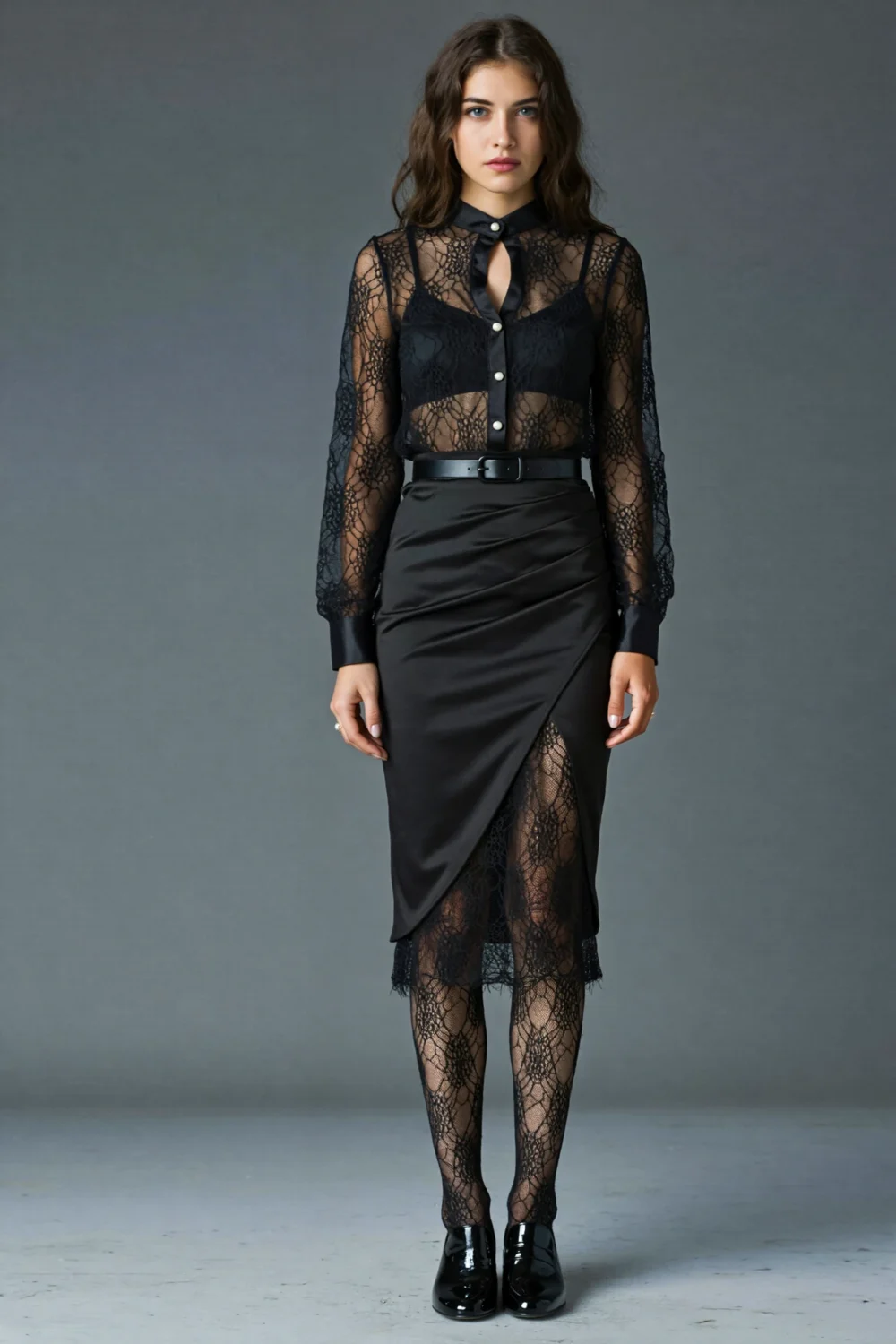 Woman in black pencil skirt and sheer spiderweb lace tights with silk blouse, creating a polished Halloween-inspired look