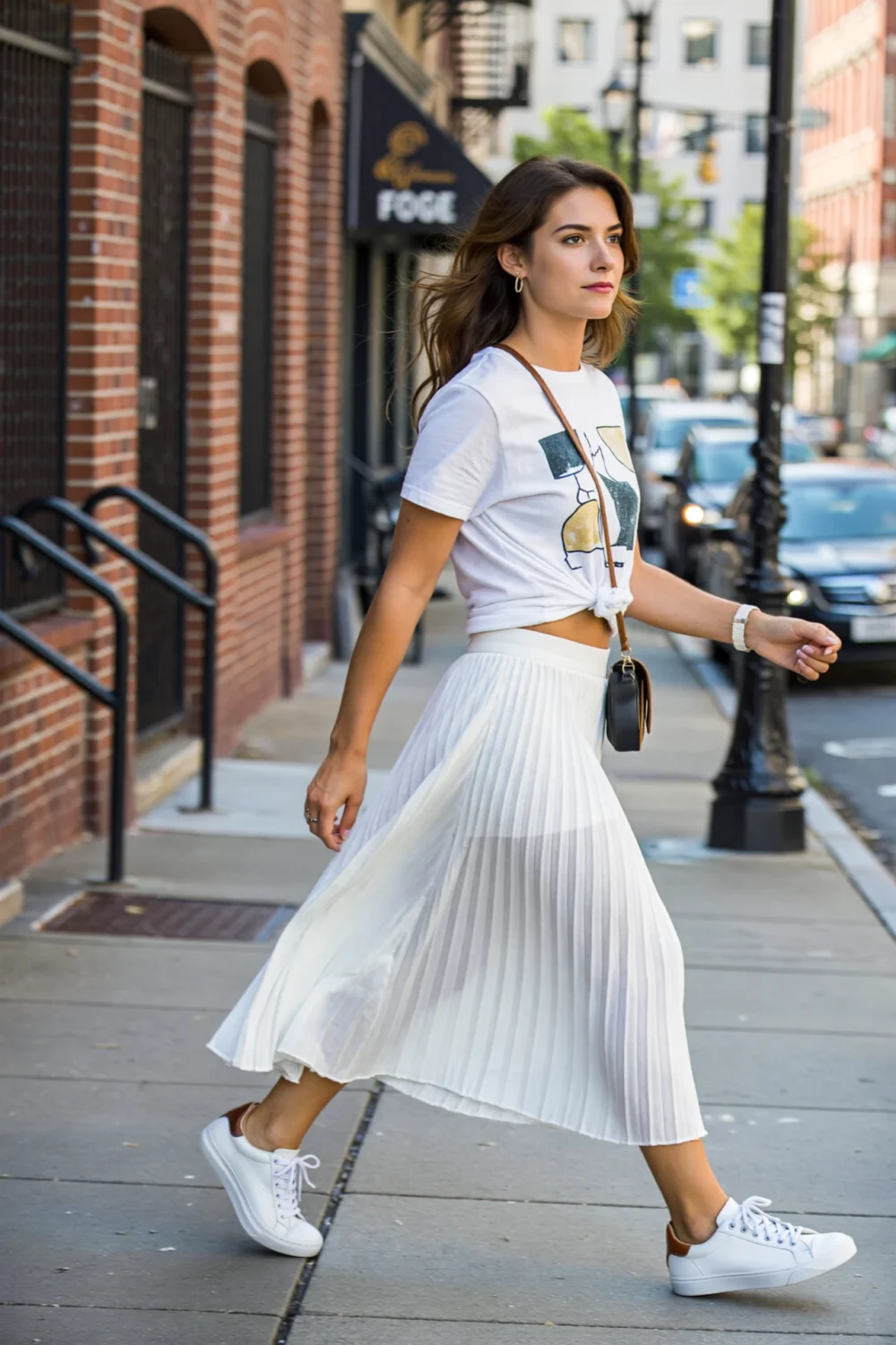 Woman walking in a knotted graphic tee, pleated white maxi skirt, and crisp white sneakers, creating a sporty-cute street style look