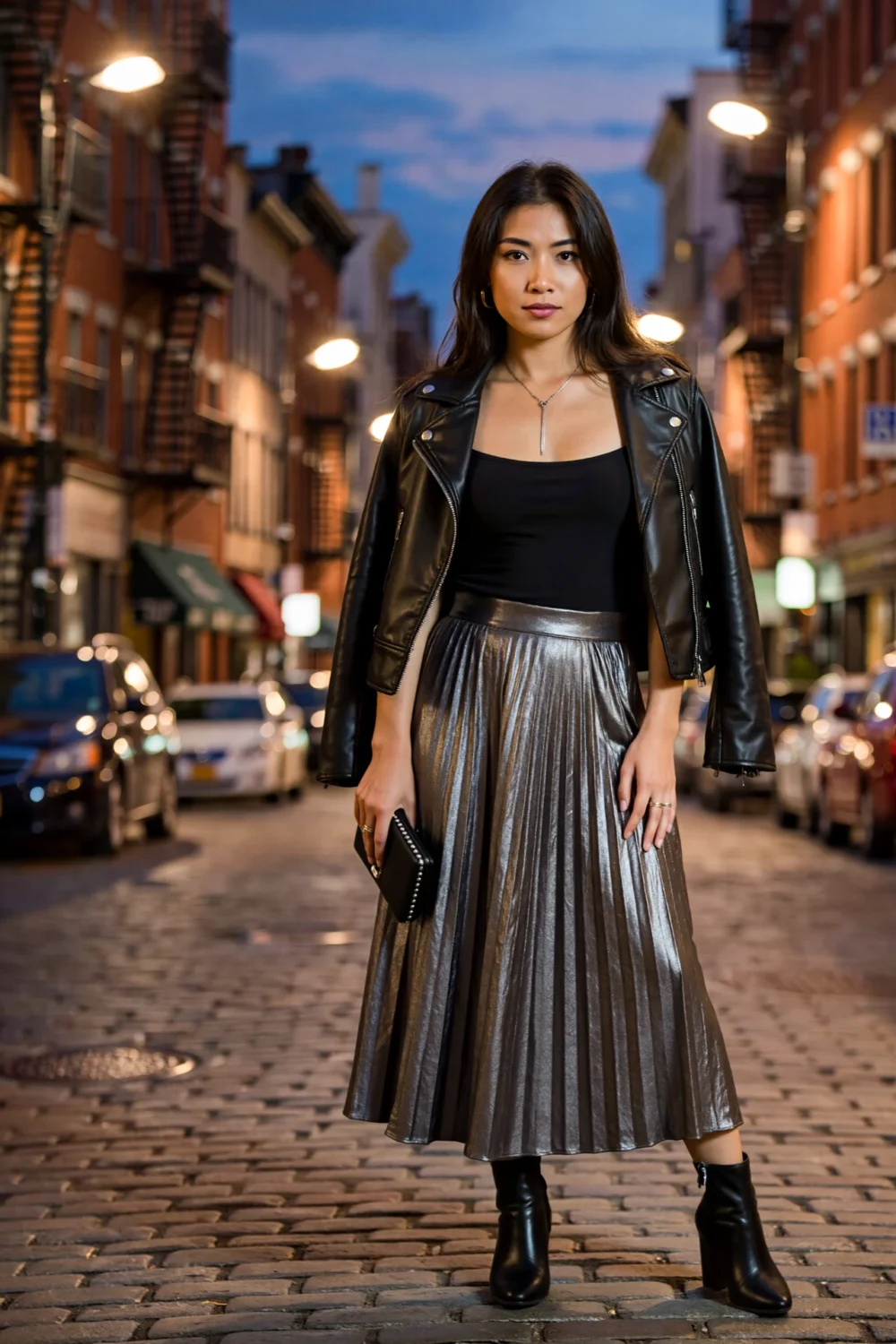Model in square-neck bodysuit, cropped leather jacket and metallic pleated maxi with pendant and heeled boots on a city street