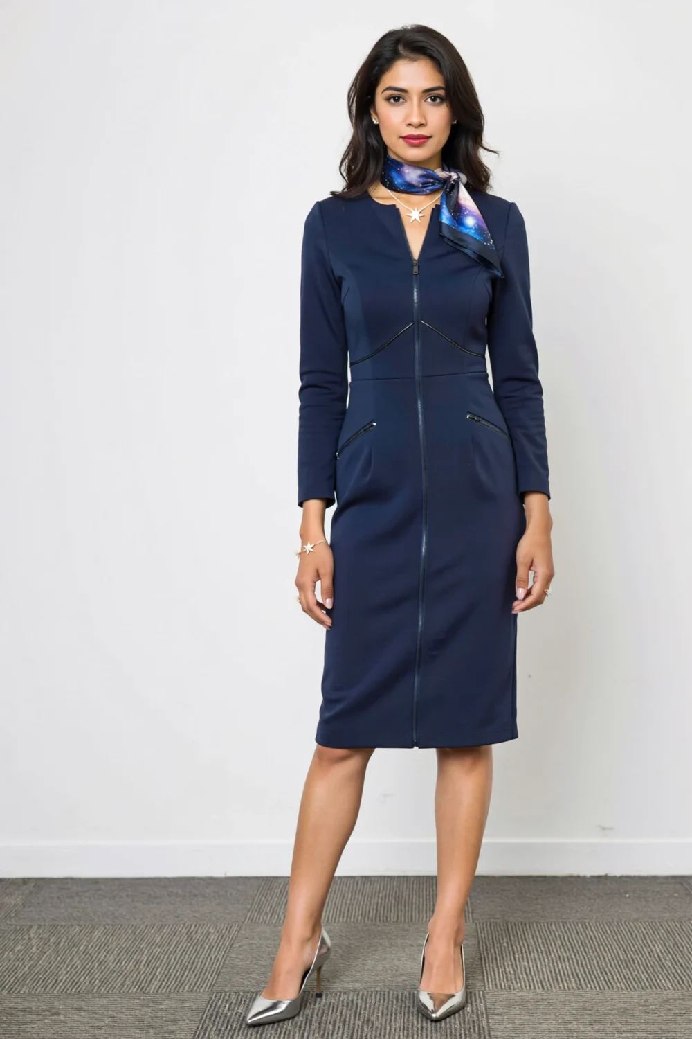 Woman in a navy office dress with celestial scarf, star pendant and silver heels for a polished, event-ready seasonal look