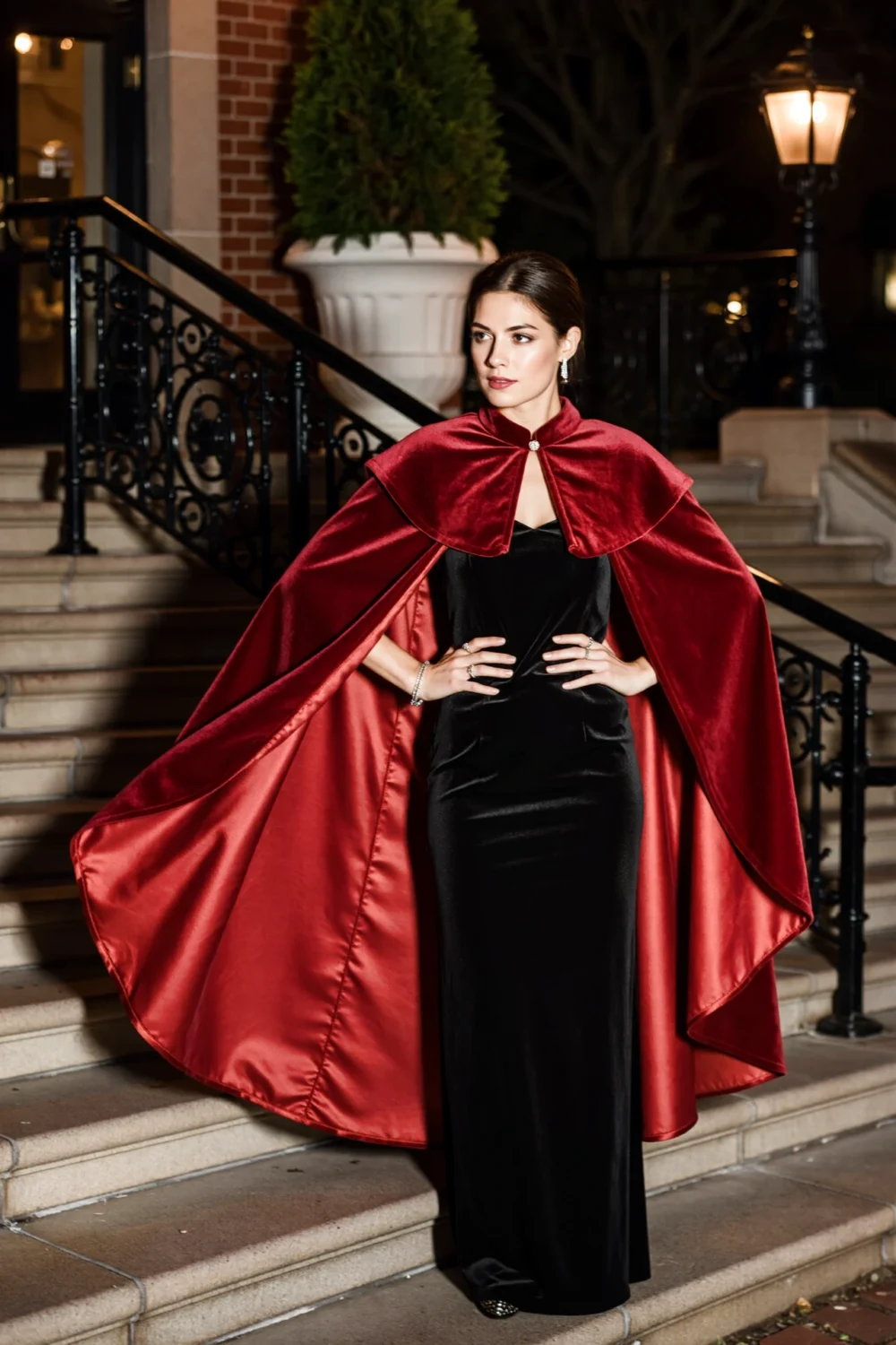 Woman on steps wearing a rich red velvet statement cape over a simple black velvet dress, couture drama for an elegant evening.