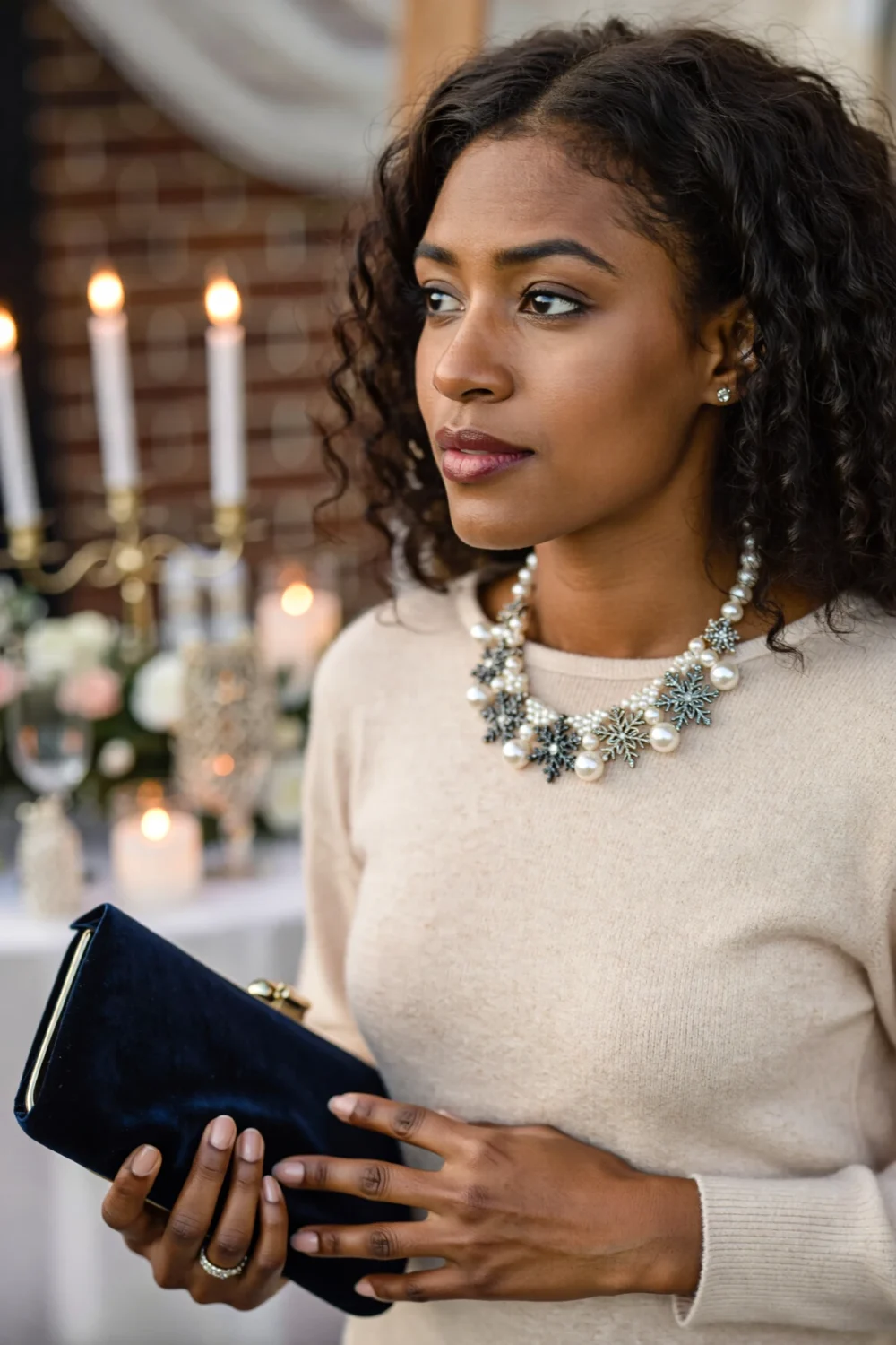 Woman in beige knit with a winter statement necklace of pearls and snowflake charms, holding a navy clutch at festive table decor