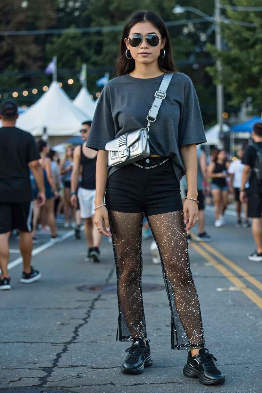 Streetwear look with oversized charcoal tee, crystal-dusted sheer pants, chunky black trainers and silver crossbody bag at outdoor event