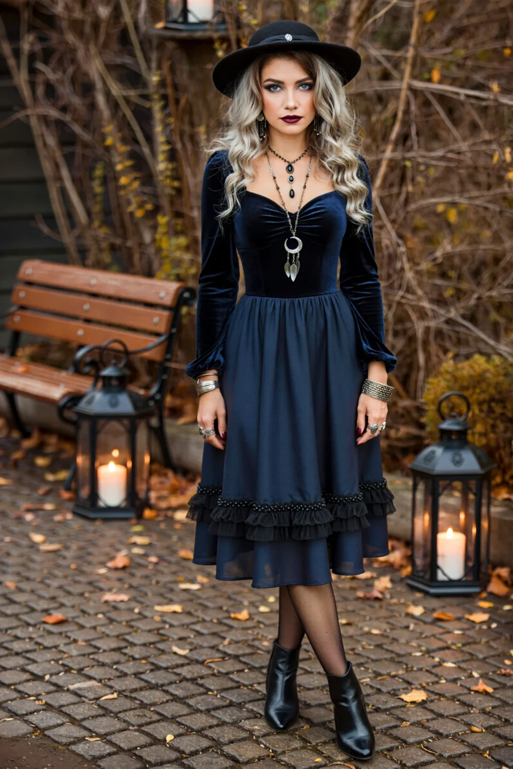 Curly-haired woman in a midnight navy velvet dress, black witch hat, and lantern-lit autumn setting with gothic jewelry