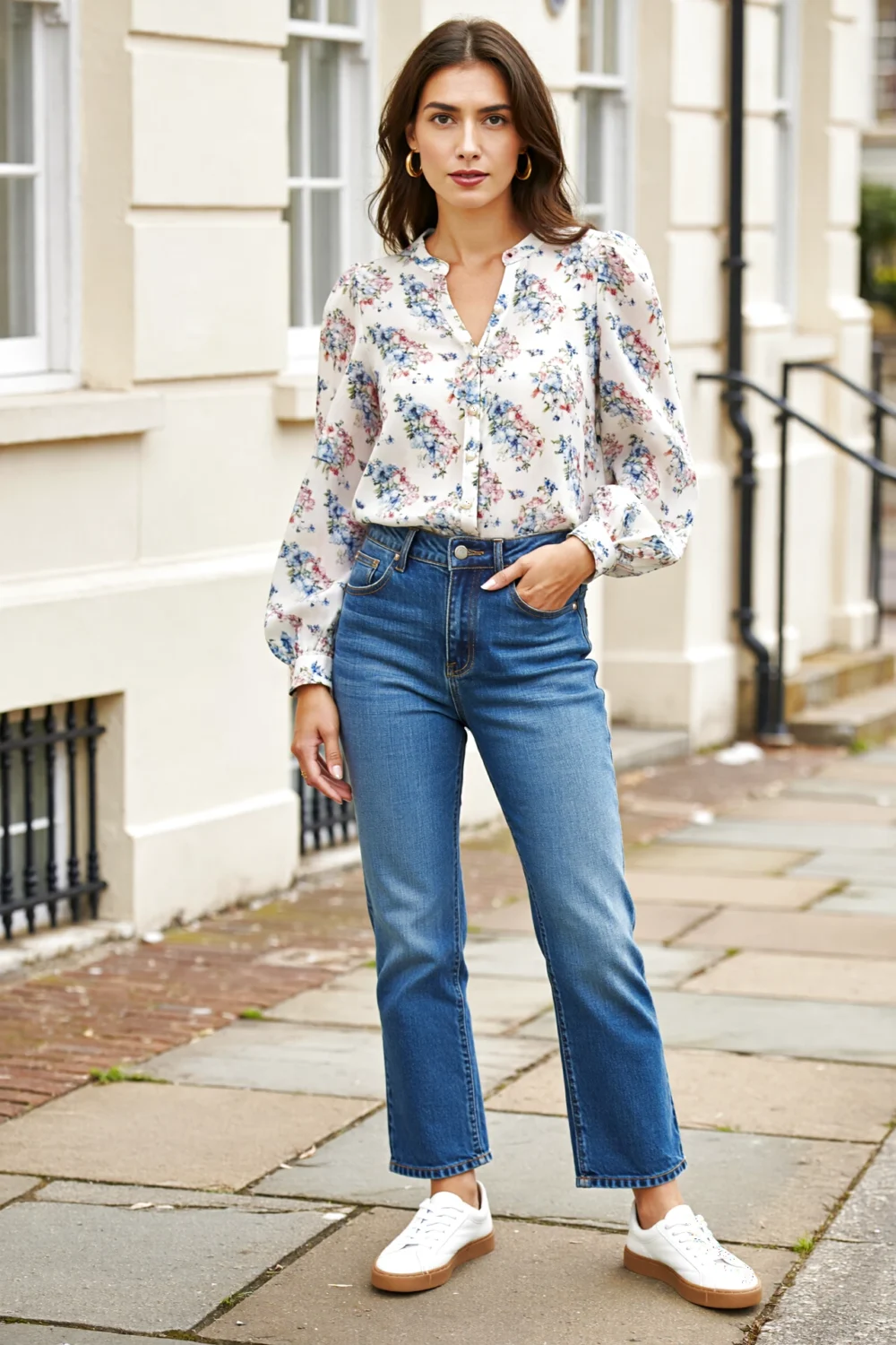 Woman wearing a floral oversized blouse with cuff details tucked into high-waisted stovepipe jeans, paired with white sneakers.