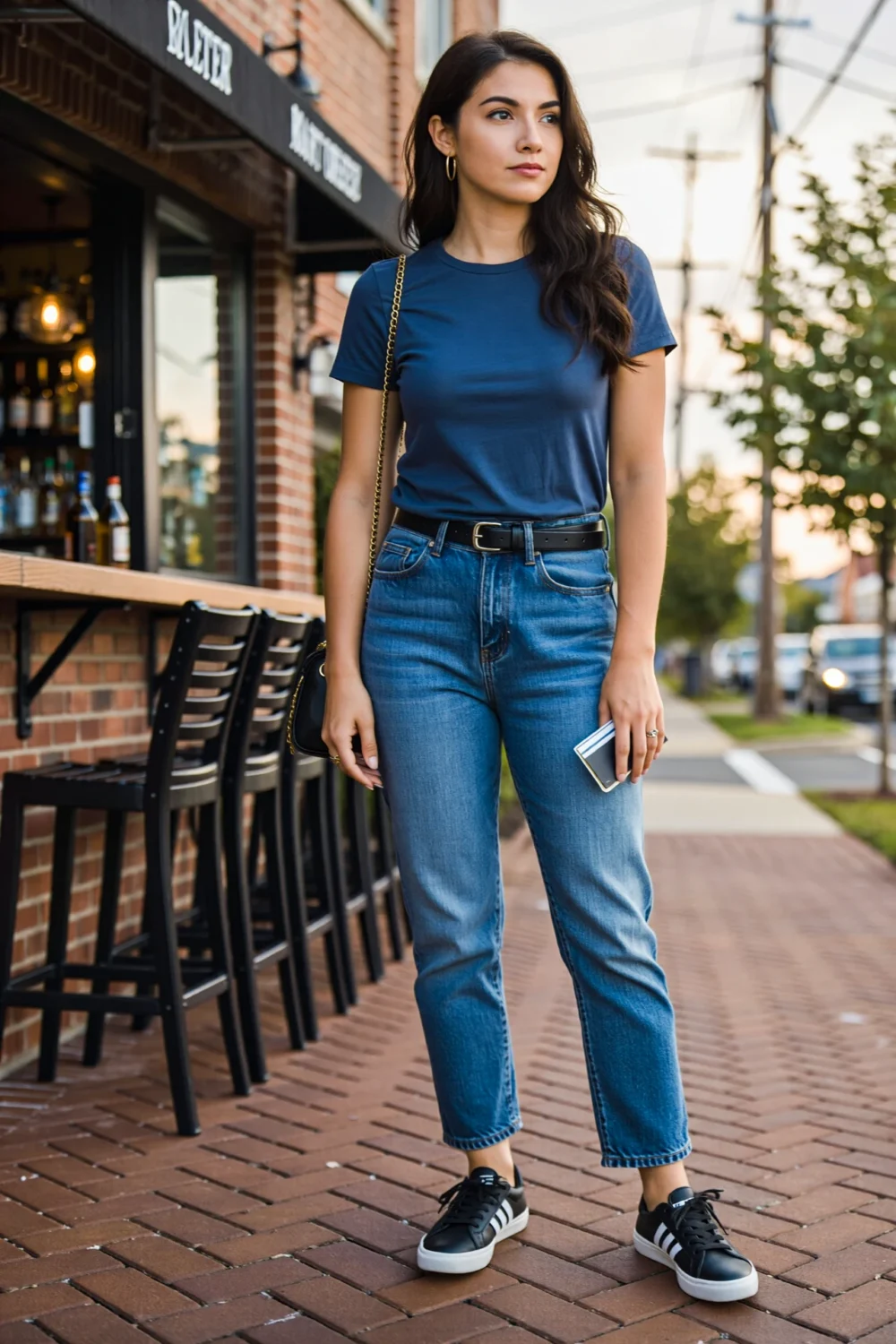 Woman by a bar in straight jeans and a fitted tee, front-tucked with slim belt, tiny hoops, compact crossbody and low-top sneakers