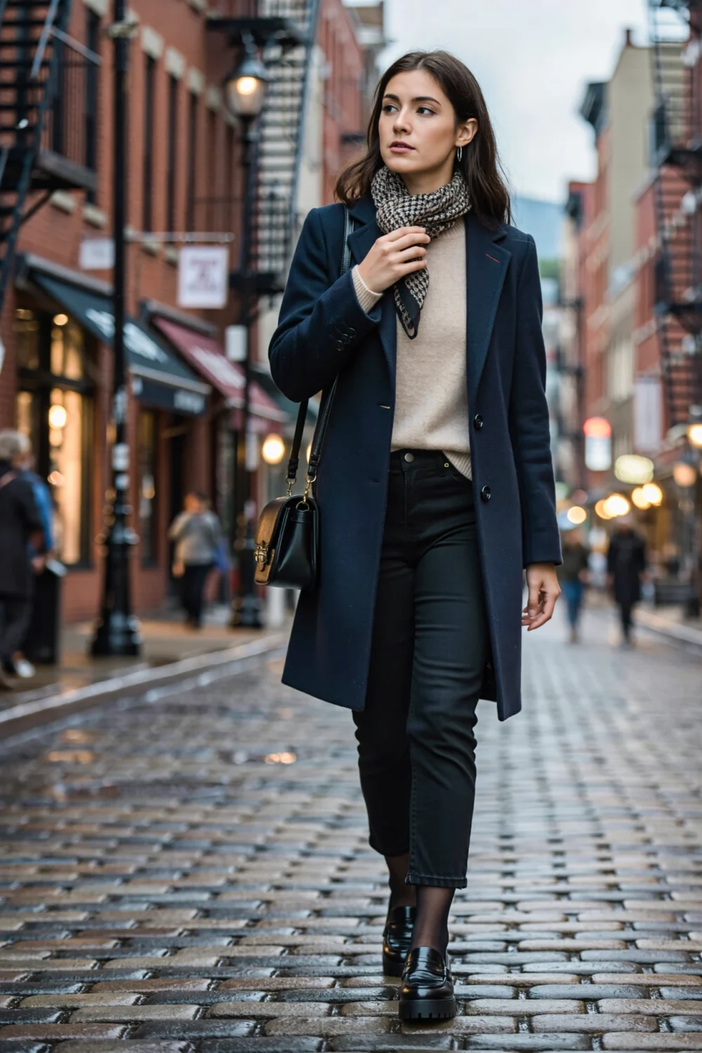 Woman walking city street in a peacoat, half-zip sweater, patterned scarf, straight black jeans and platform loafers for winter