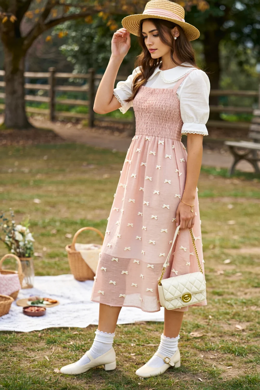Blush sundress with shirred bodice, white blouse, straw boater hat, Mary Janes and quilted mini bag for a picnic look