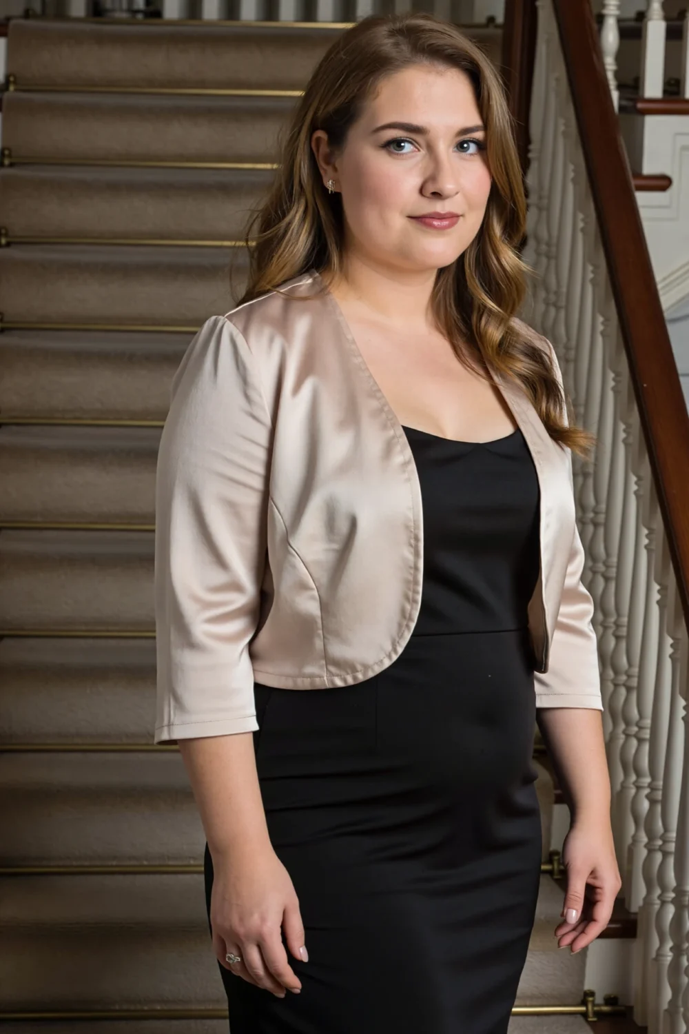 Model wearing blush stretch crepe bolero over fitted black gown, minimal matte finish, clean-line coverage and subtle polish.