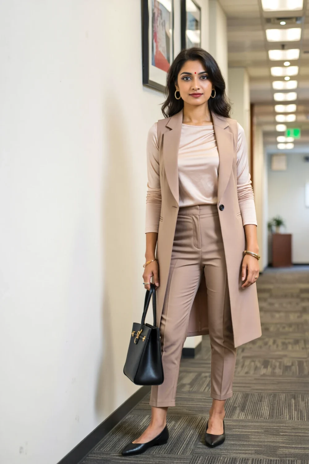 Woman in beige longline vest and stretch-ponte ankle pants with moisture-wicking shell, black flats, and handbag in office hallway