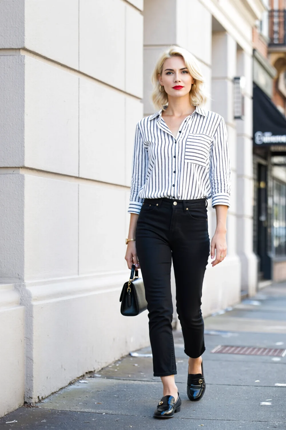Blonde woman in a half-tucked striped button-up, straight black jeans, loafers, gold hoops and bold red lip, carrying a black bag.