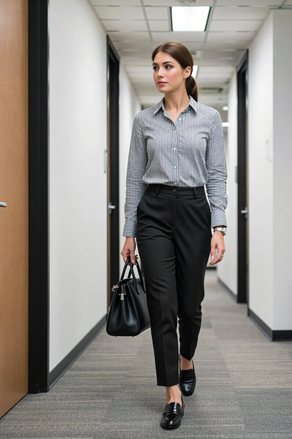 Woman in a navy pinstriped button-up tucked into tailored black trousers, wearing loafers and slim watch, carrying structured bag