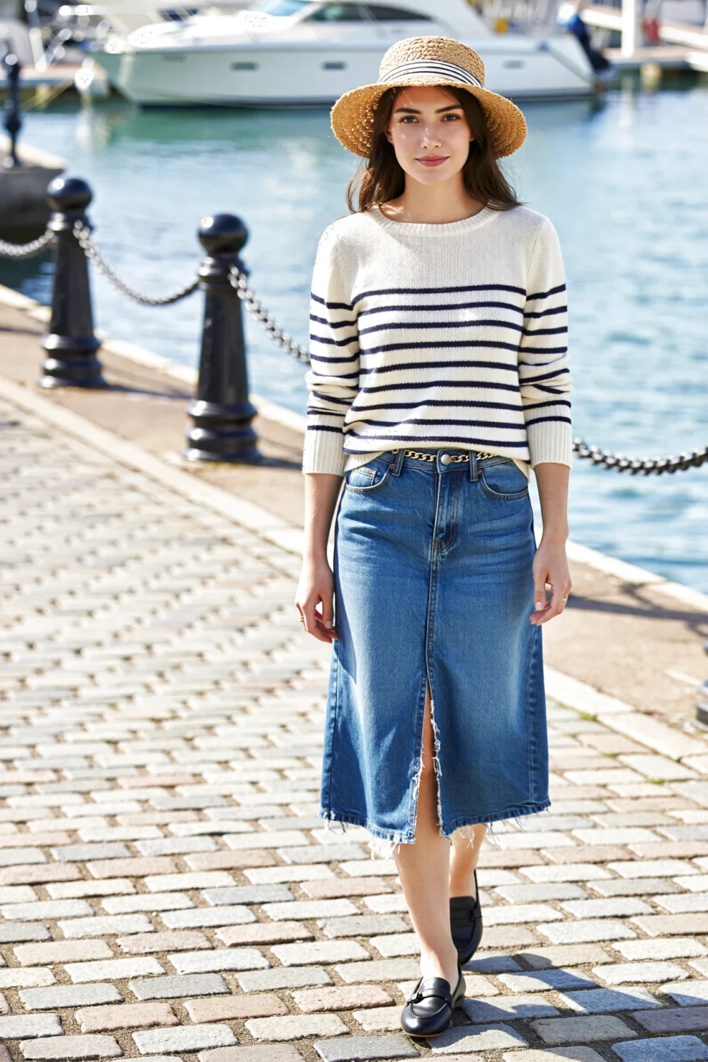 Model in cream-and-navy striped knit and A-line denim skirt with back vent, straw bucket hat and black ballet flats by a marina