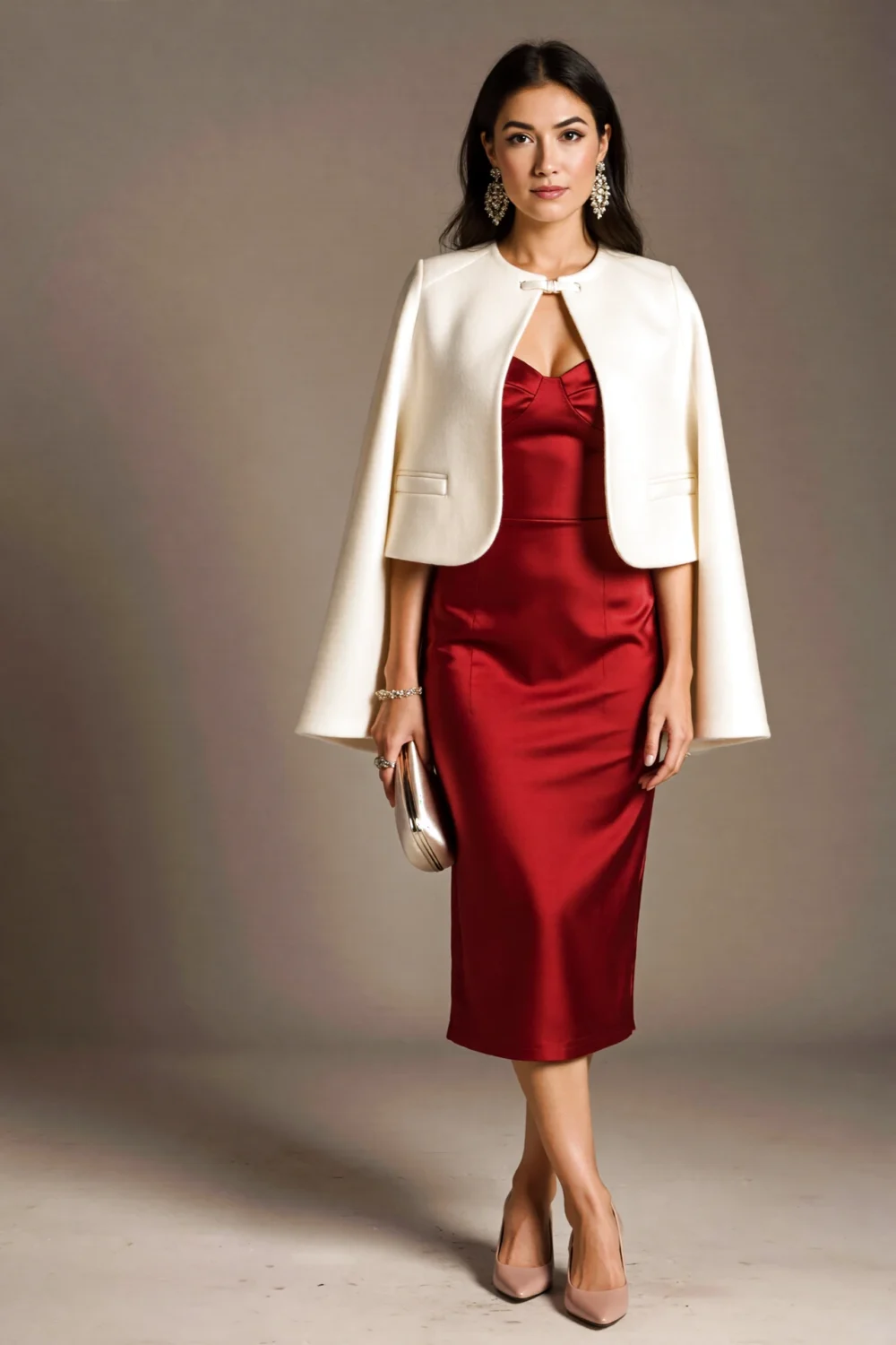 Woman in a tailored cream capelet draped on shoulders over a strapless red satin dress, showing décolletage and polished elegance