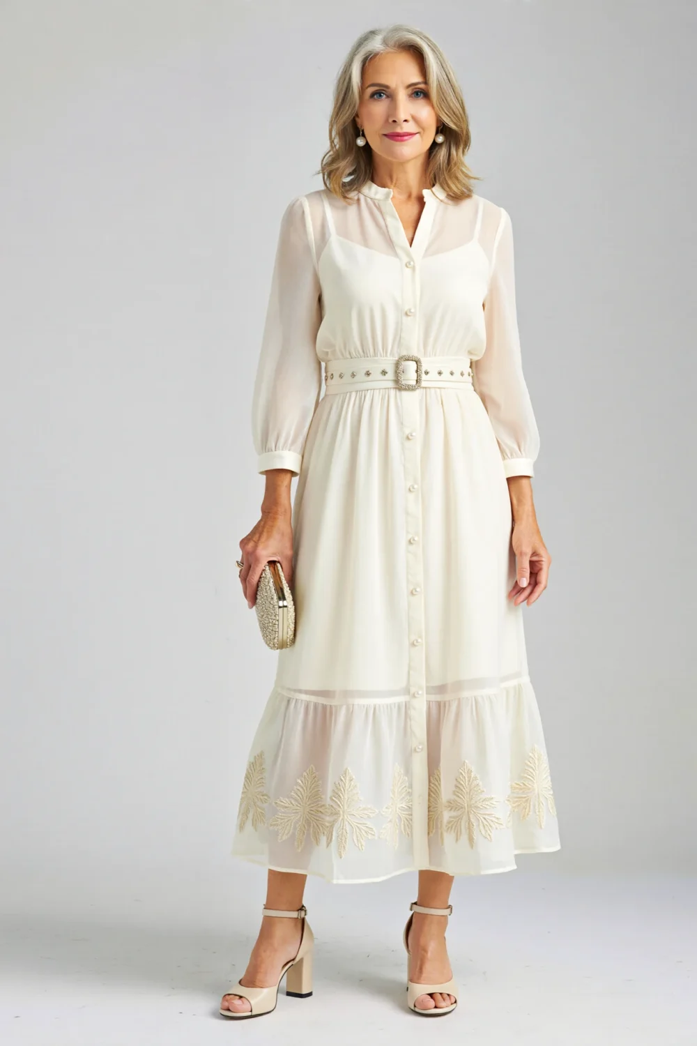 Elegant structured chiffon midi dress with sheer sleeves, defined waist, and embroidered hem for a refined over-50 celebration look