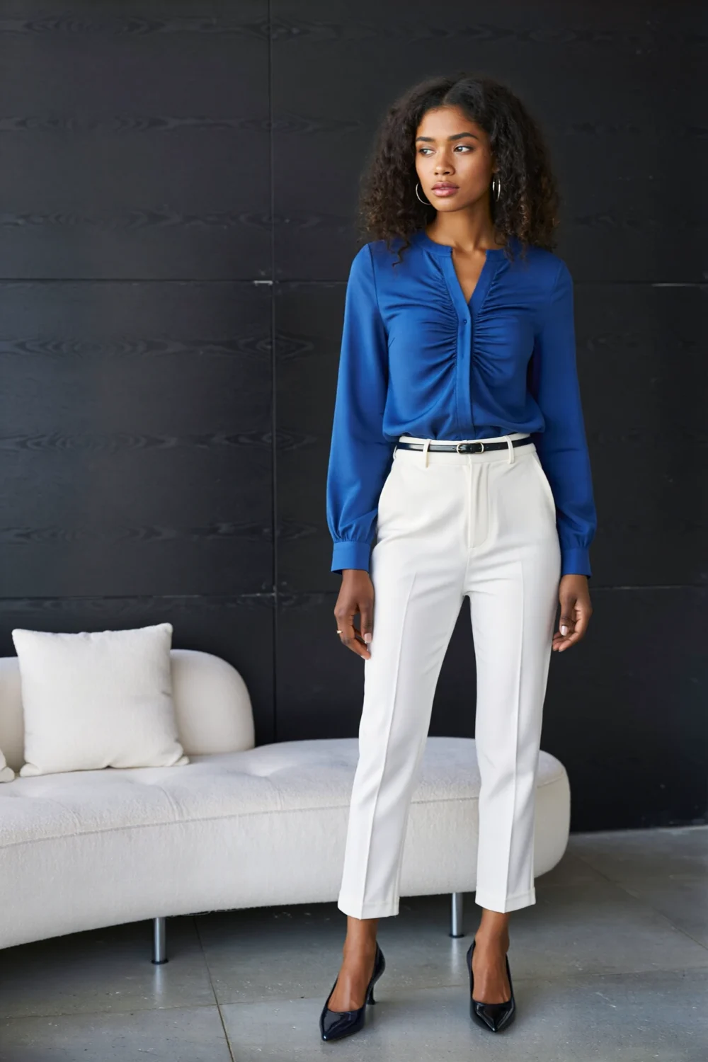 Woman in a cobalt structured blouse with white cigarette pants, slim belt, and black pumps for a crisp editorial contrast of color and polish