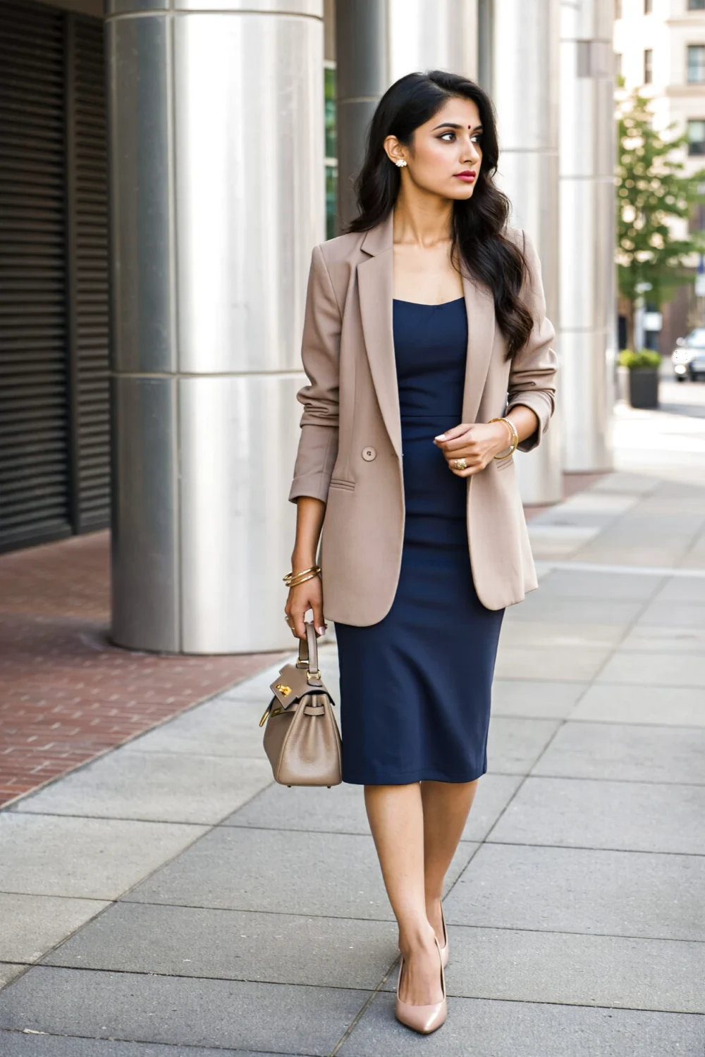 Woman in a structured high-hip blazer over a navy midi dress, tailored shoulders and nude pumps for a streamlined, office-ready look