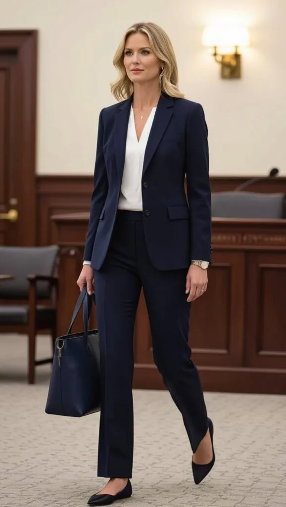 A woman in a courtroom, dressed in a structured navy suit with a white blouse.
