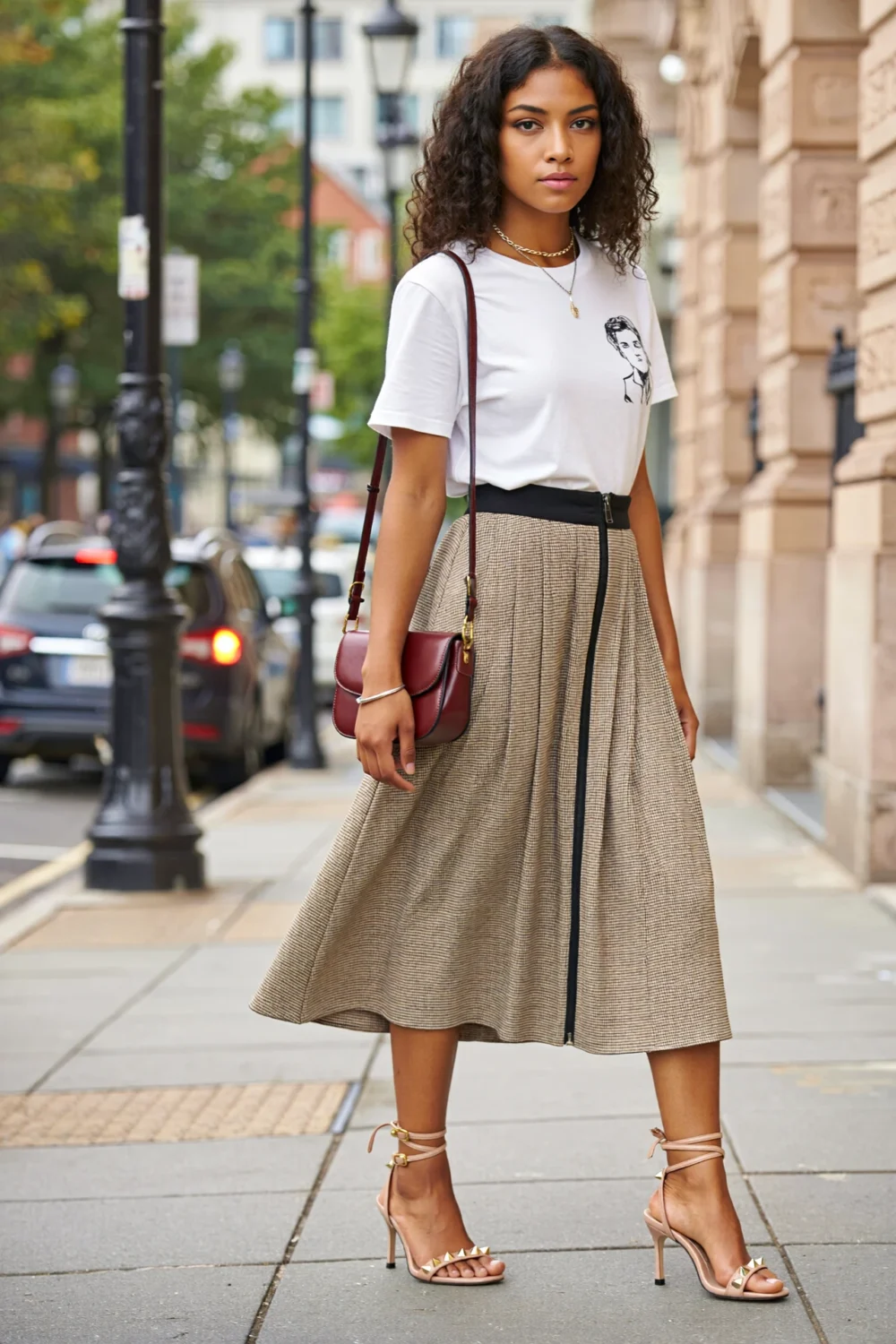 Graphic tee tucked into a micro-check pleated midi skirt, paired with studded nude heels and oxblood shoulder bag on city street