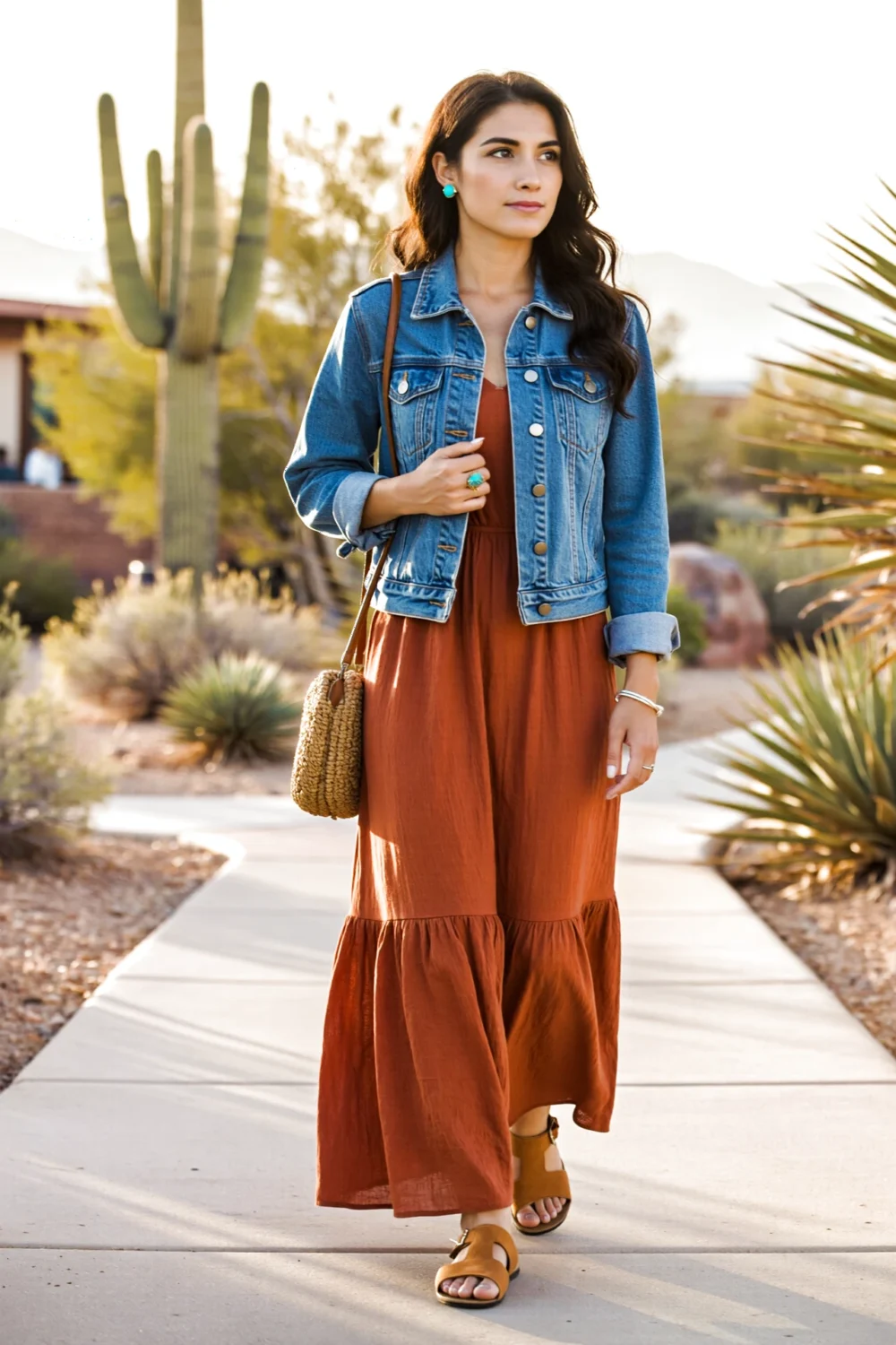 Woman wearing a sturdy waist-length denim jacket over a rust flowing maxi dress with straw bag and sandals, cactus desert backdrop