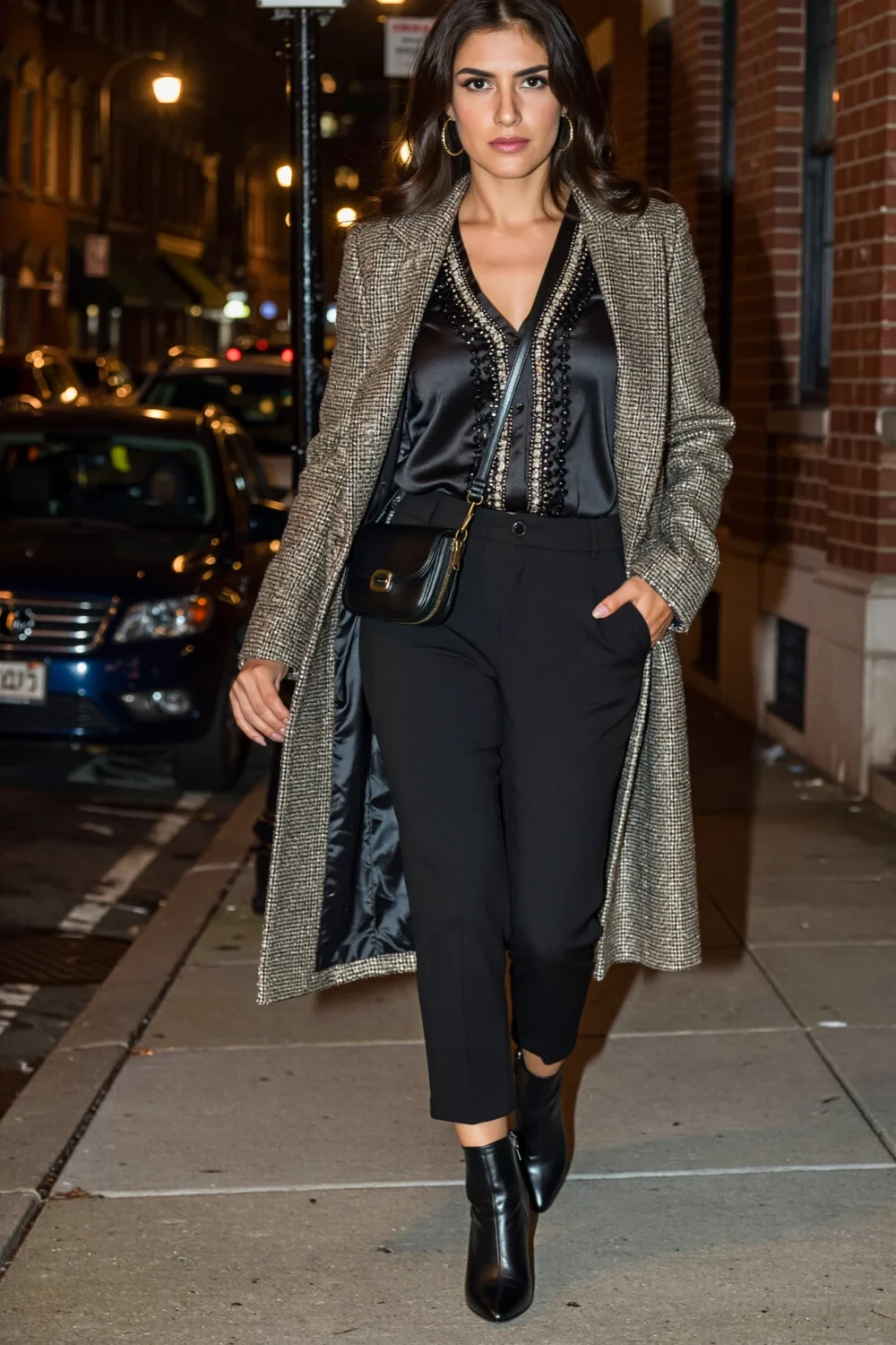 Sparkly black top with tailored trousers and long coat create a polished theater-ready look, chic and wearable for evening.