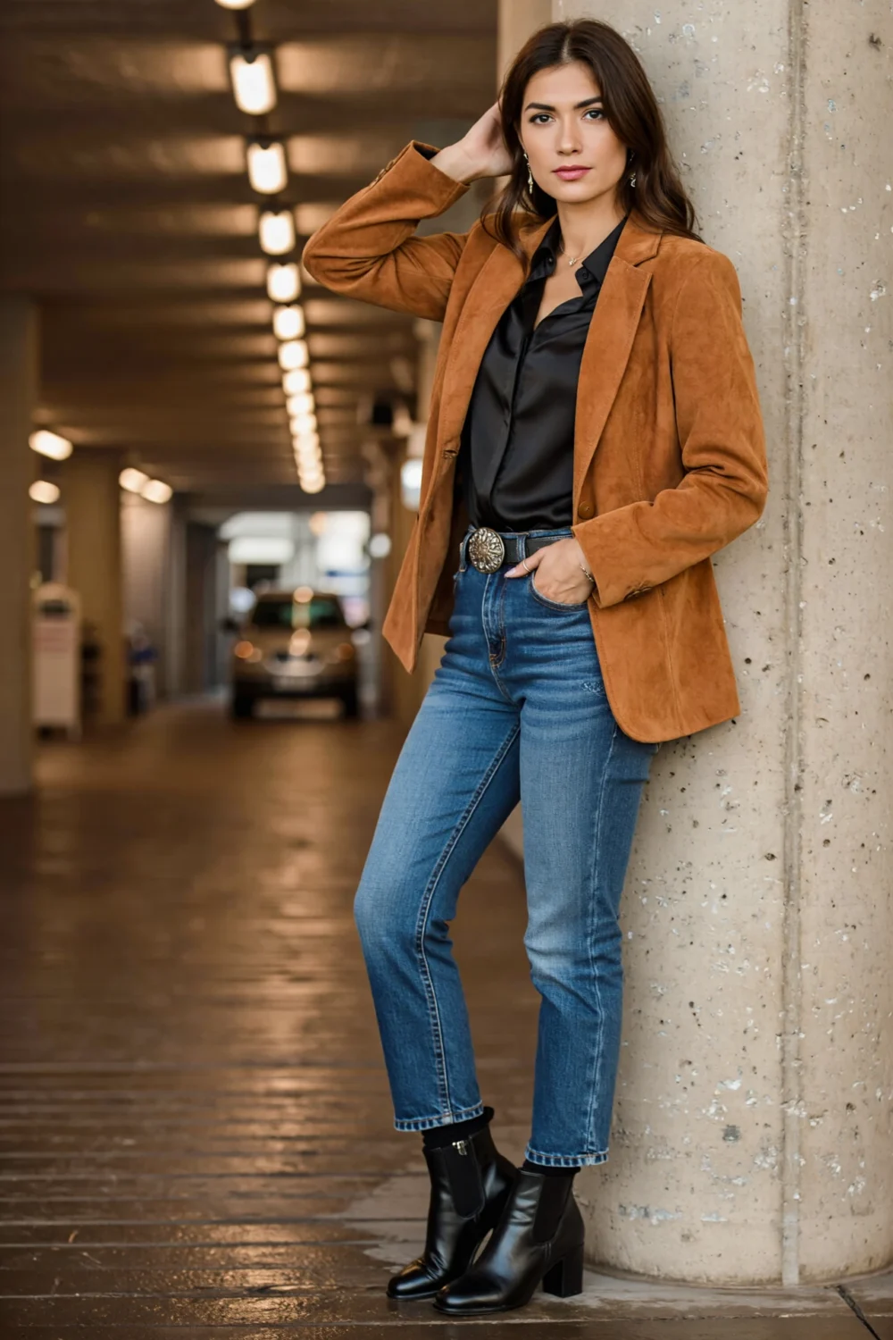 Model wearing rust suede jacket over black silk blouse, straight-leg jeans with a bold belt and black block-heel boots, polished