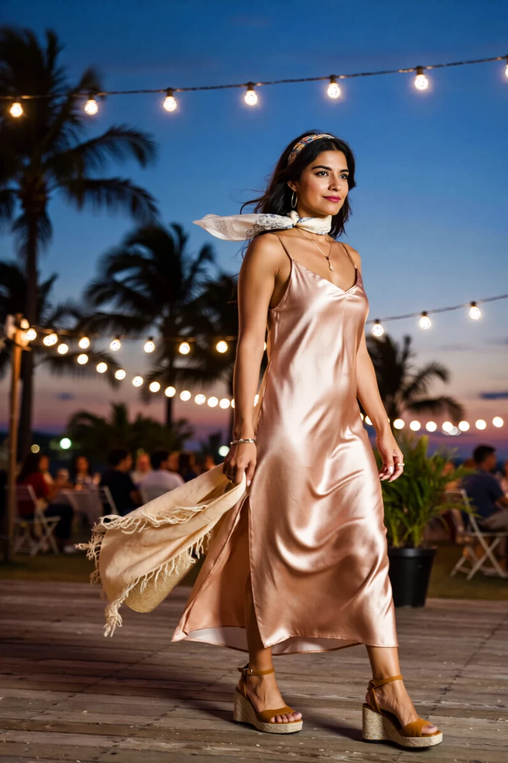 Woman in a silk slip dress with scarf and wrap, styled for a warm evening under string lights at a jazz bar outdoors