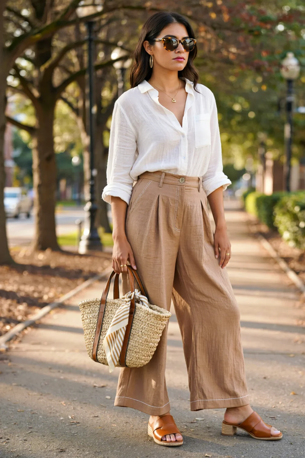 Woman in white linen button-up with taupe wide-leg trousers, tan sandals, and raffia basket tote for a breezy summer stroll