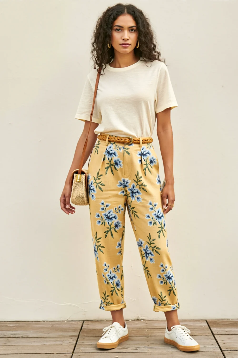 Ivory tee with butter-yellow floral trousers, woven belt, raffia bag and white sneakers create a cheerful sunlit casual outfit.