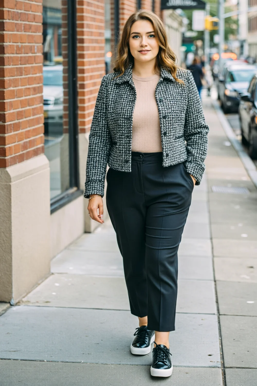Woman in tailored ankle pants, soft knit top, and cropped jacket, creating a polished relaxed city look for daytime theater outings.