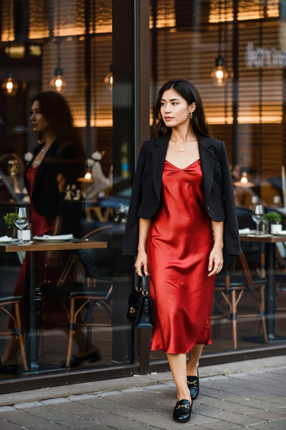 Woman wearing a red satin slip midi dress layered with a tailored black blazer carrying a handbag outside a restaurant for dinner.