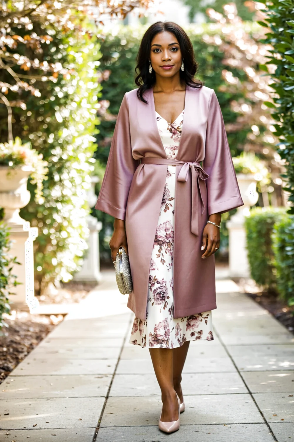Wedding-guest silk-satin duster in dusty rose tied over floral midi dress, soft layered look with clutch and nude heels in garden