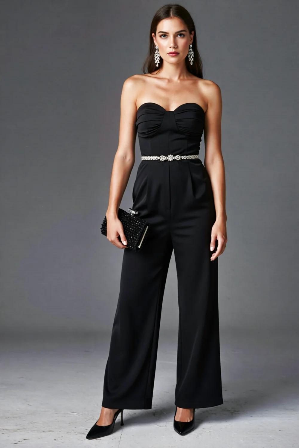 Model in a tailored black crepe strapless jumpsuit with defined waist, floor-skimming wide legs, jeweled belt, clutch and heels